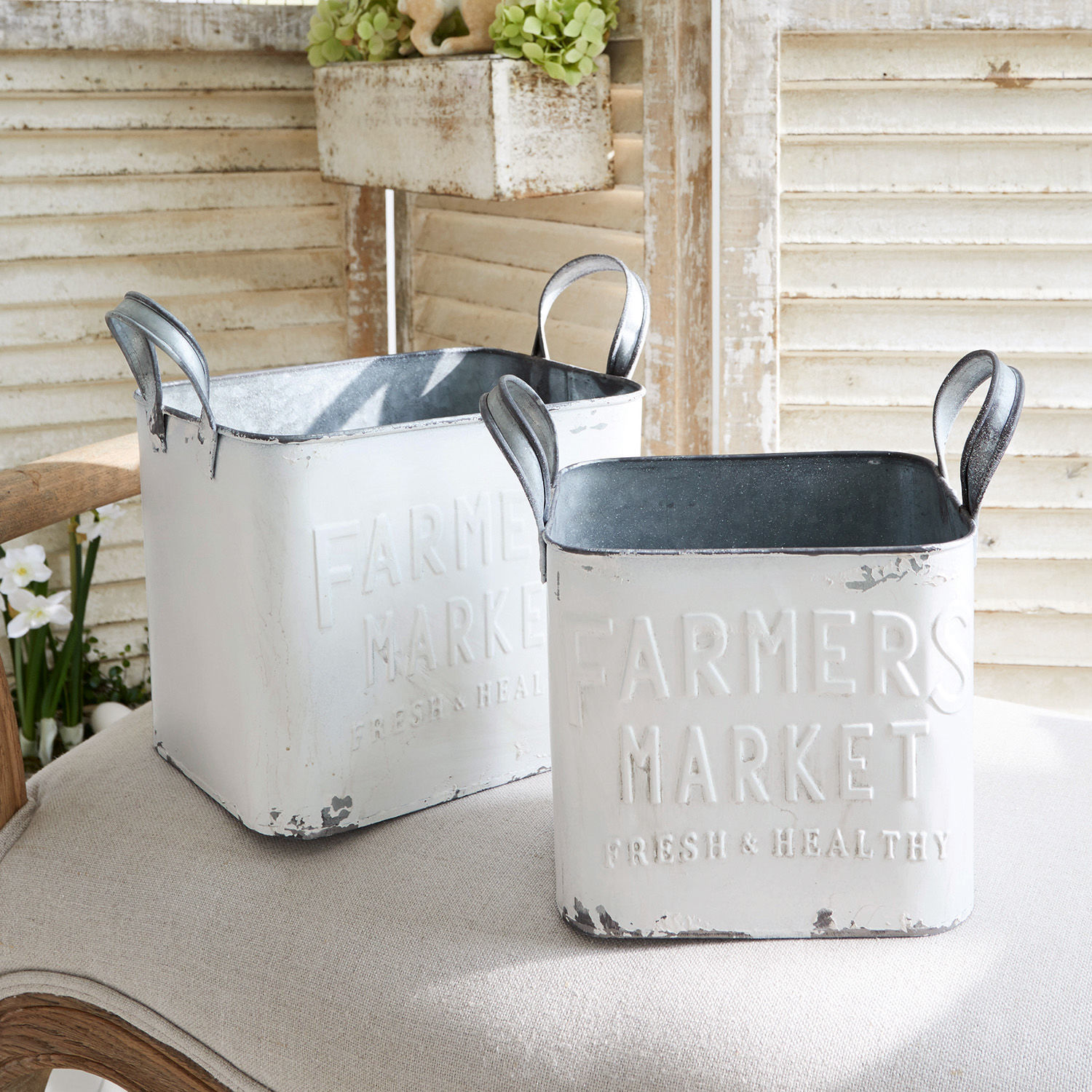 Lot de 2 paniers Market Boîtes métalliques blanches Farmers Market avec poignées, décoratives et pratiques pour le rangement