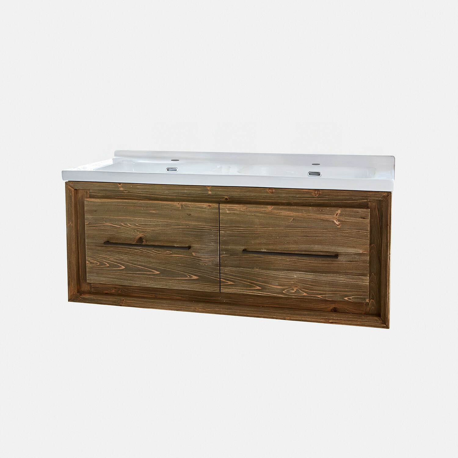 Double vasque en céramique blanche sur meuble en bois marron pour salle de bain moderne