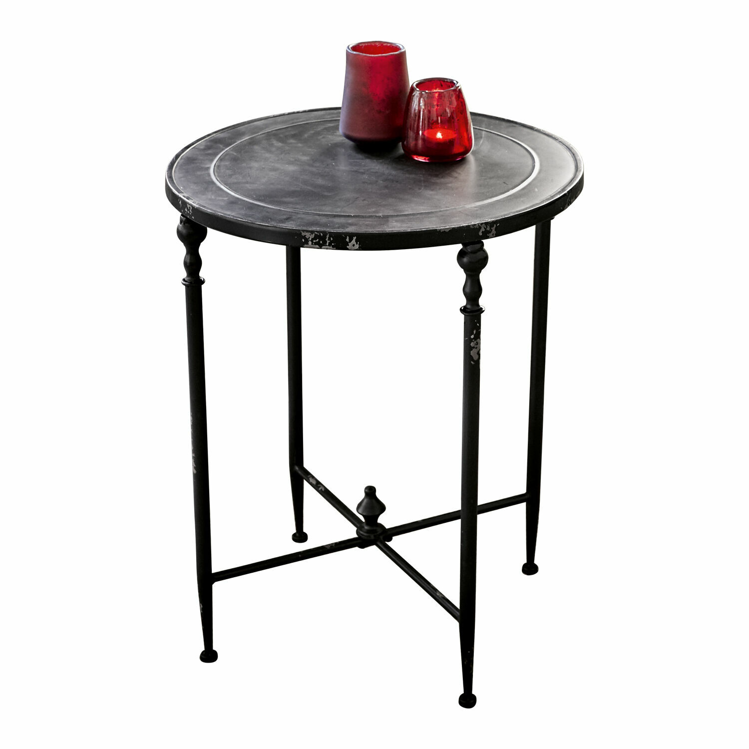 Table d’appoint Danbury Table ronde noire en métal avec pieds décoratifs et bougeoirs rouges sur le dessus