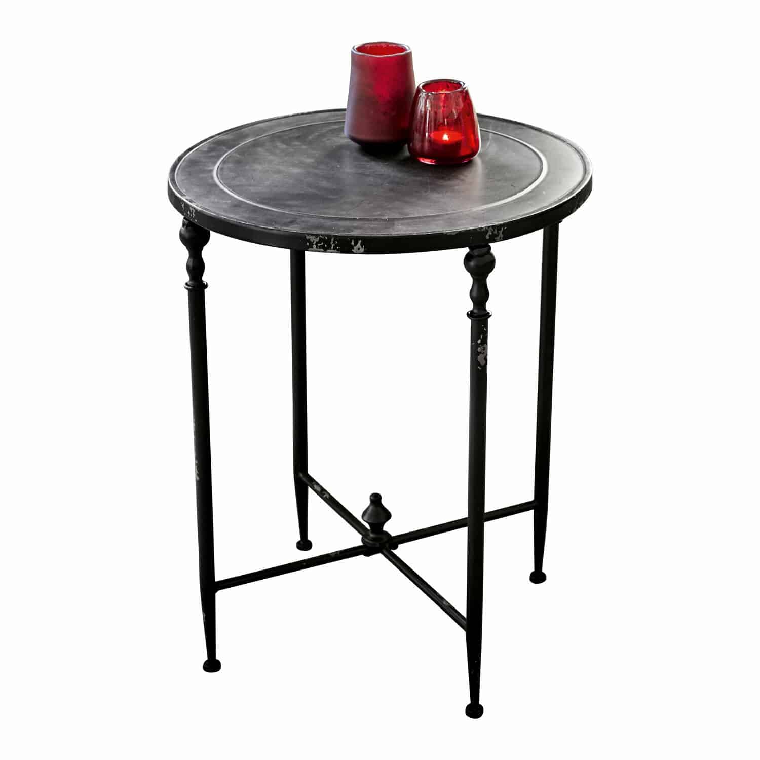 Table d’appoint Danbury Table ronde noire en métal avec pieds décoratifs et bougeoirs rouges sur le dessus