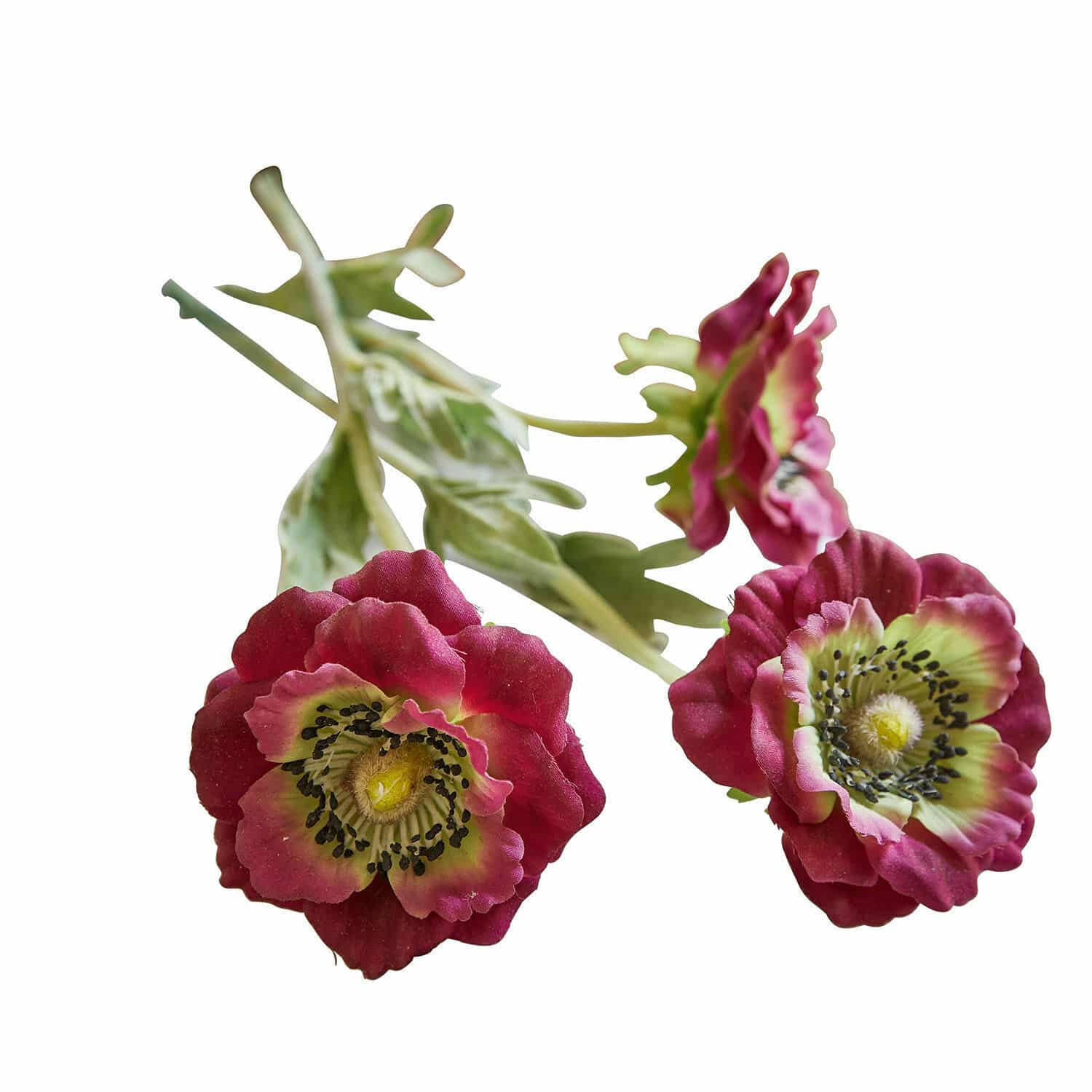 Lot de 3 fleurs décoratives Inara Fleurs artificielles bordeaux avec centre vert et feuilles, décoration intérieure élégante