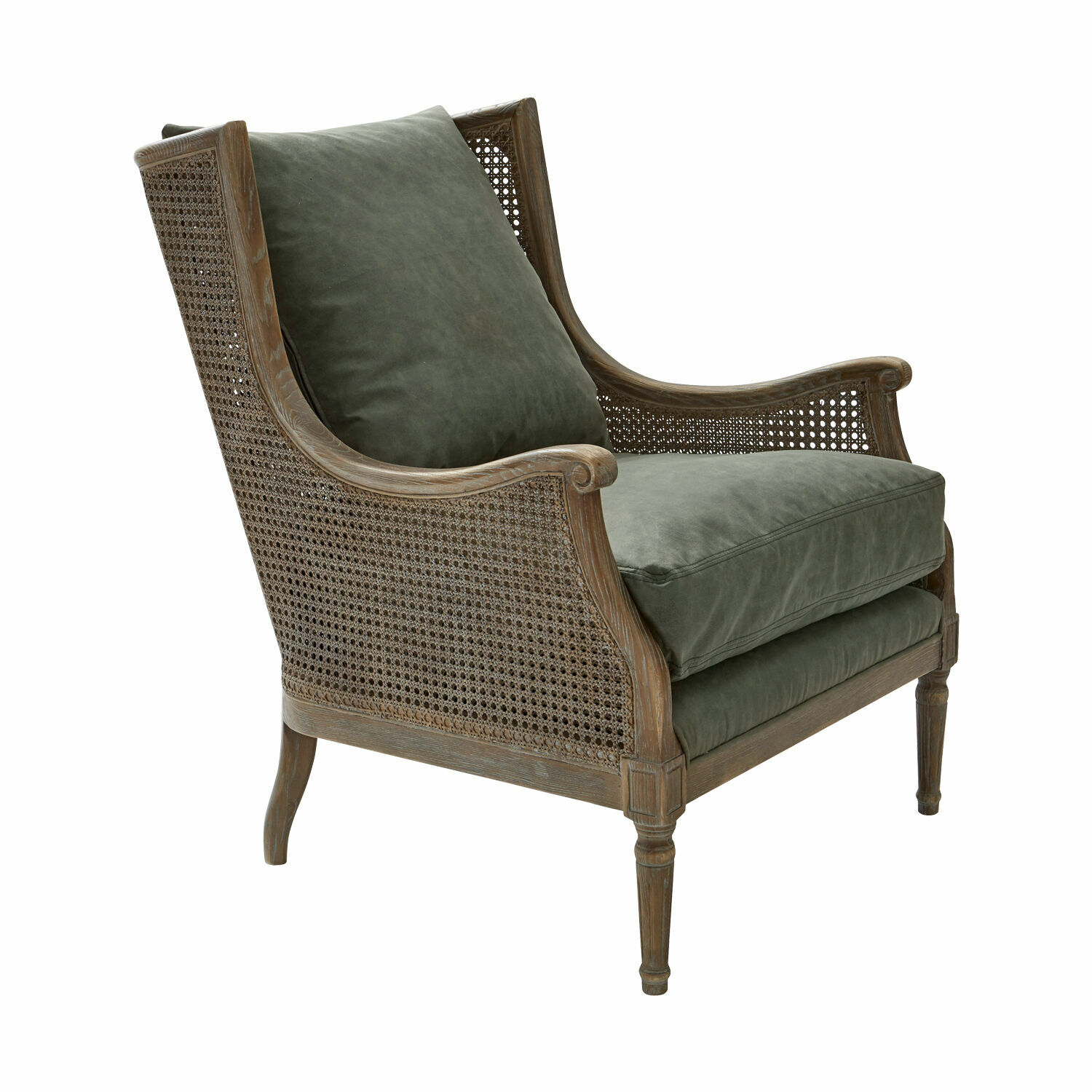 Fauteuil Greenbrier Fauteuil en bois et cannage avec coussins verts en tissu doux pour salon élégant