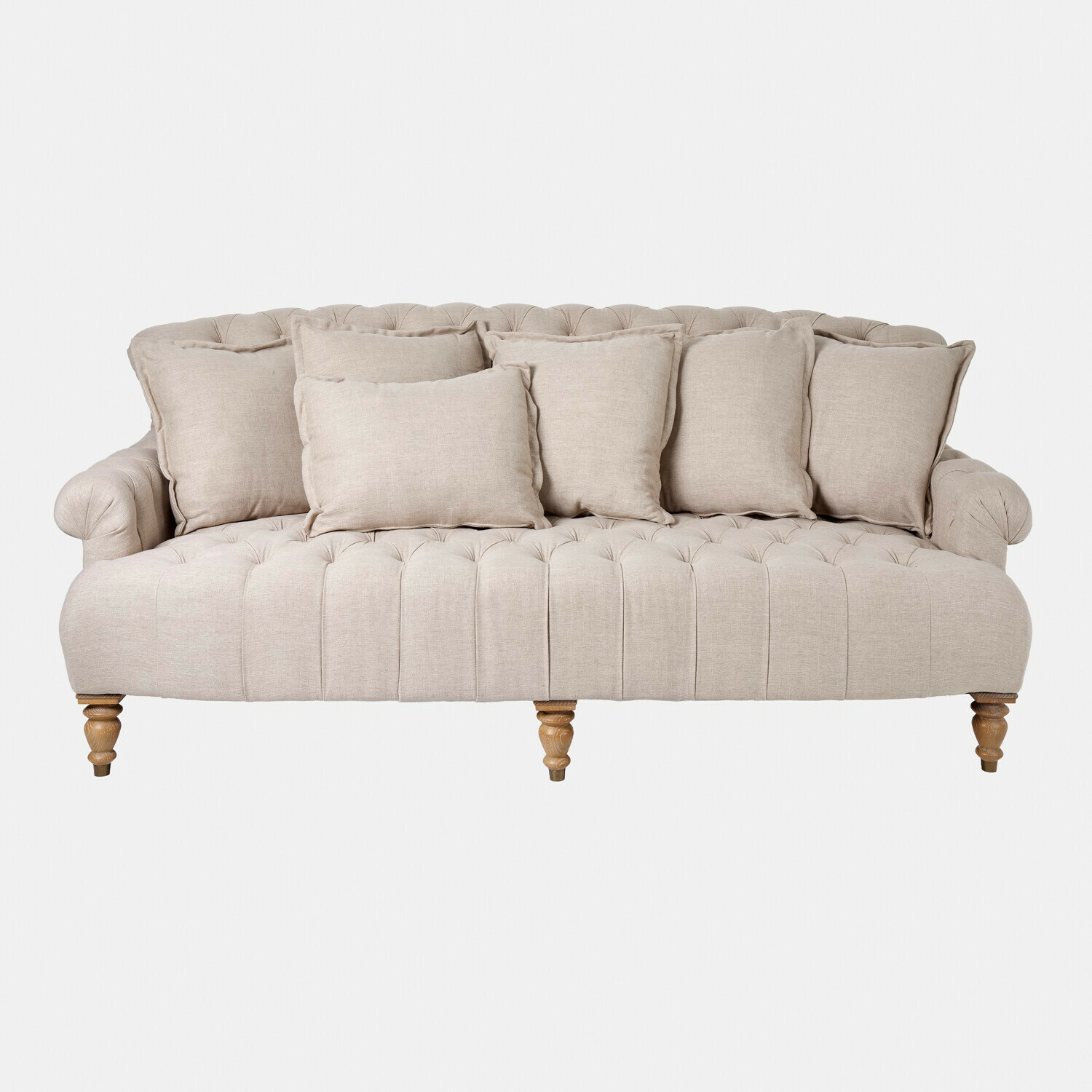 Canapé Springfield Village en lin beige avec assise capitonnée et coussins, élégant et confortable pour salon
