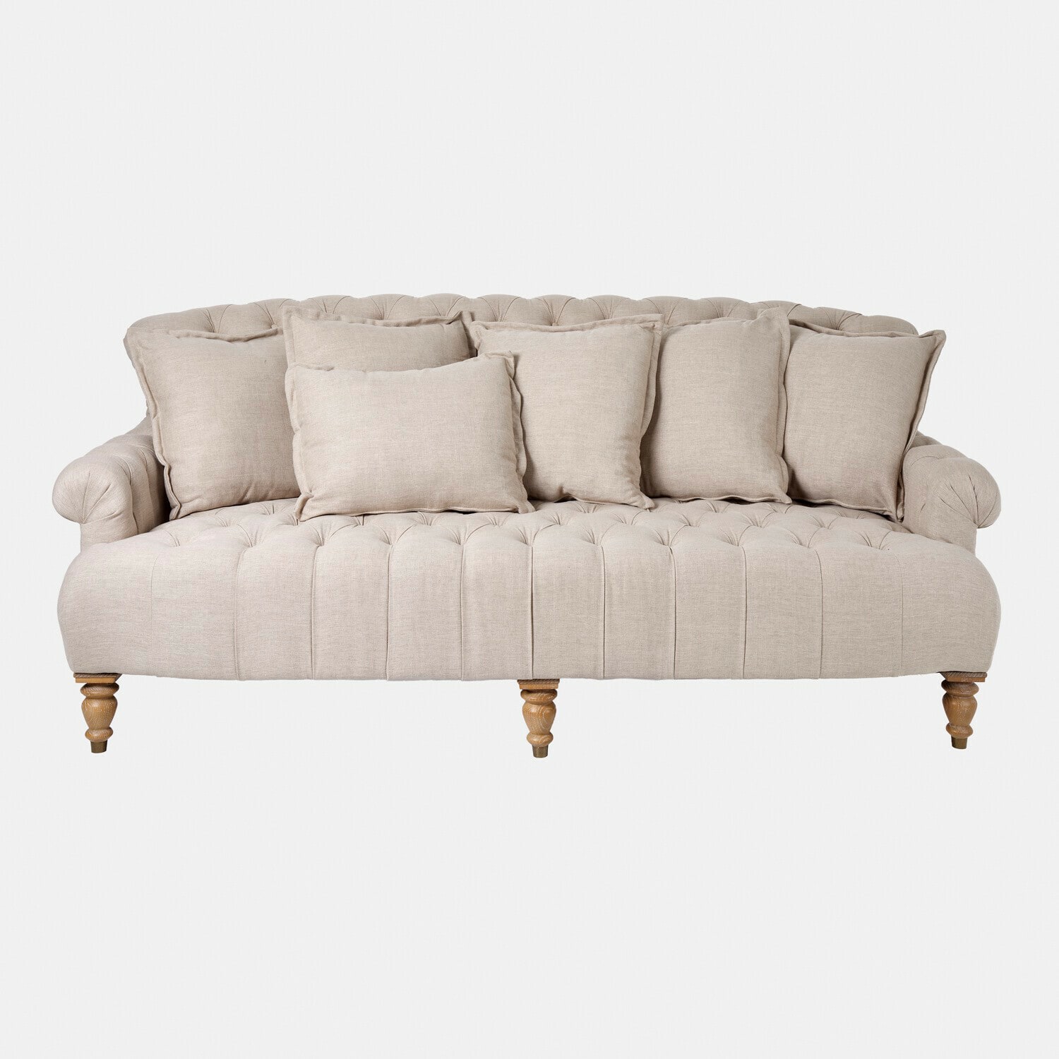 lin Canapé Springfield Village en lin beige avec assise capitonnée et coussins, élégant et confortable pour salon