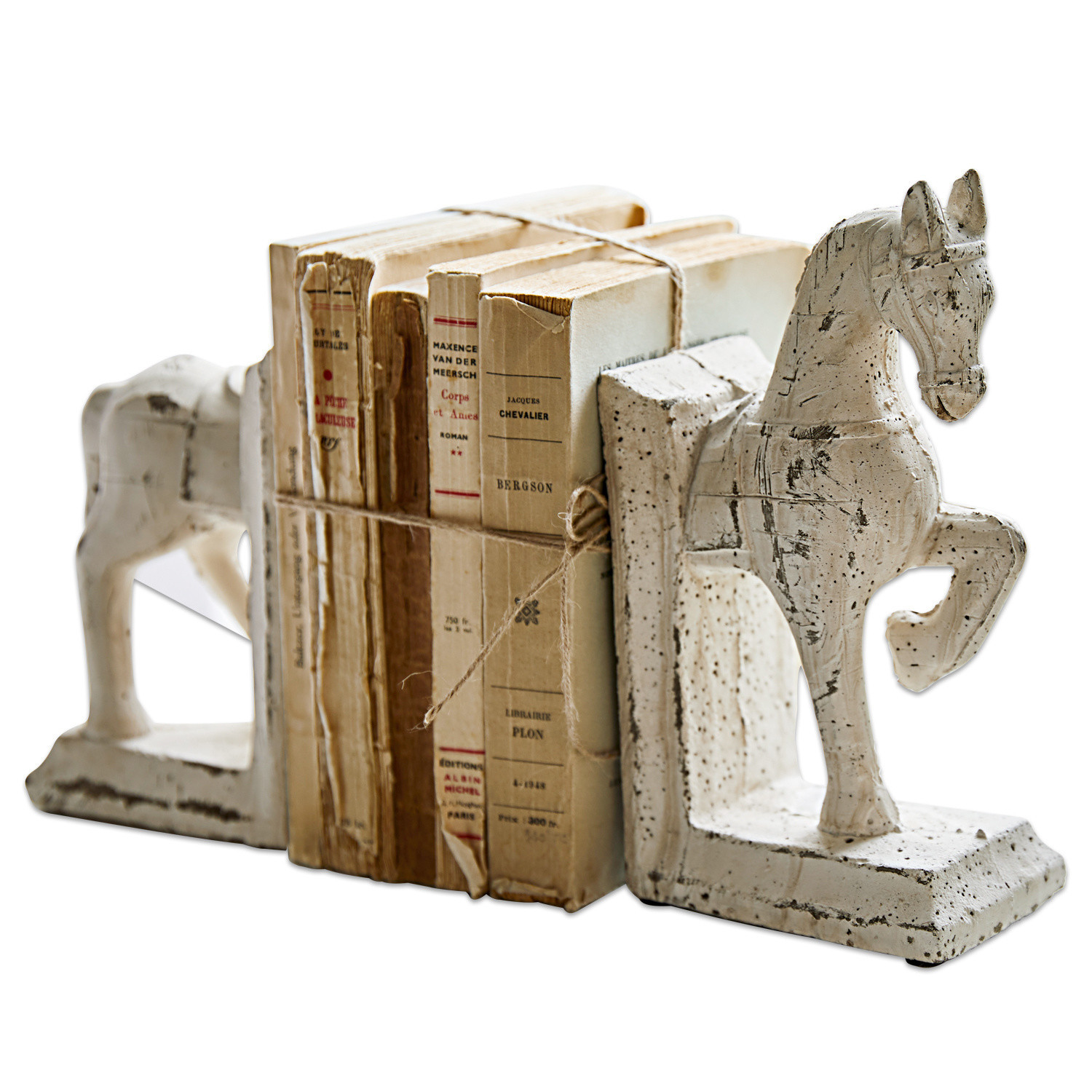 Lot de 2 serre-livres Horses Serre-livres en pierre blanche en forme de chevaux avec effet vieilli pour décoration intérieure