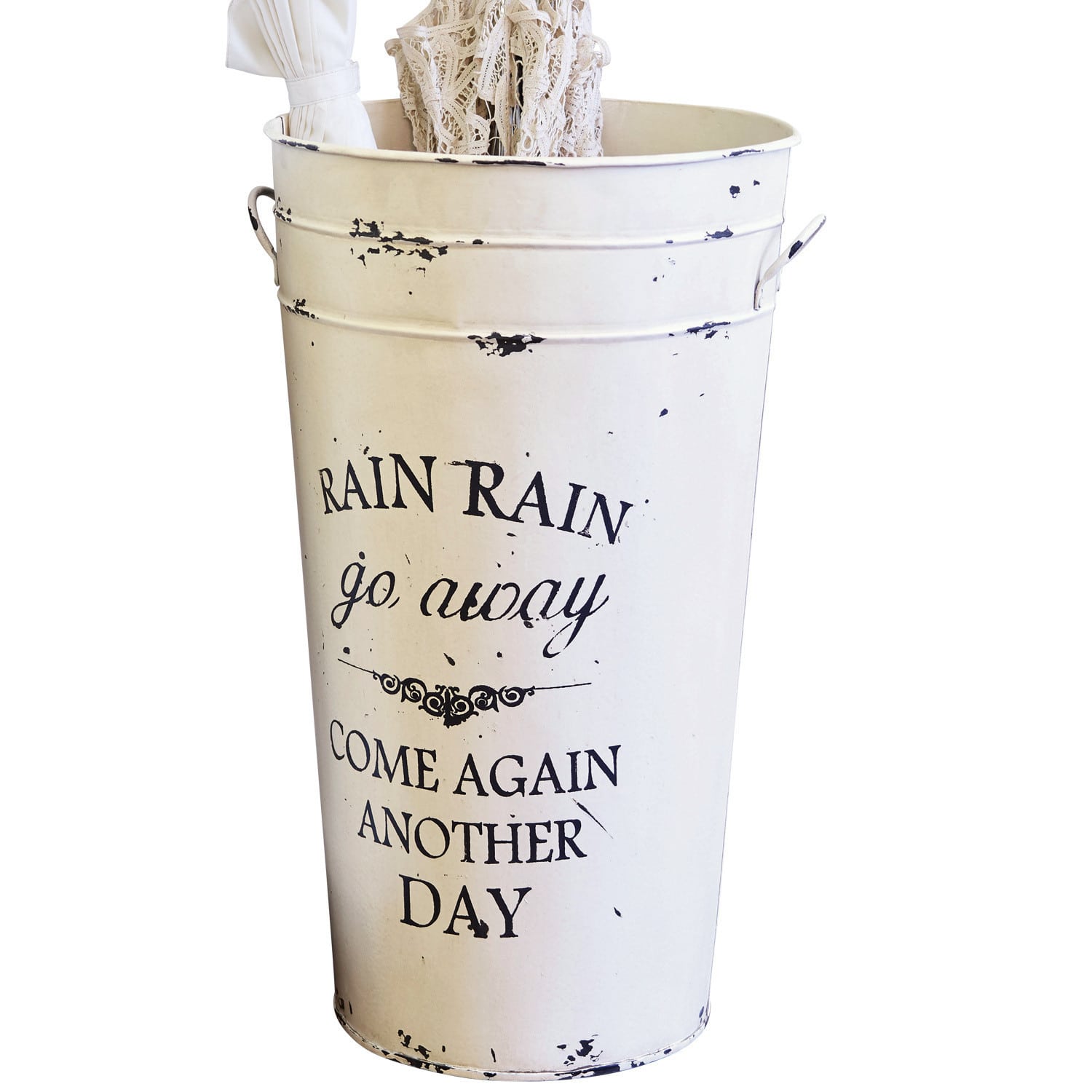 Porte-parapluies Rain Porte-parapluie en métal blanc avec inscription « Rain Rain go away » et effet vieilli