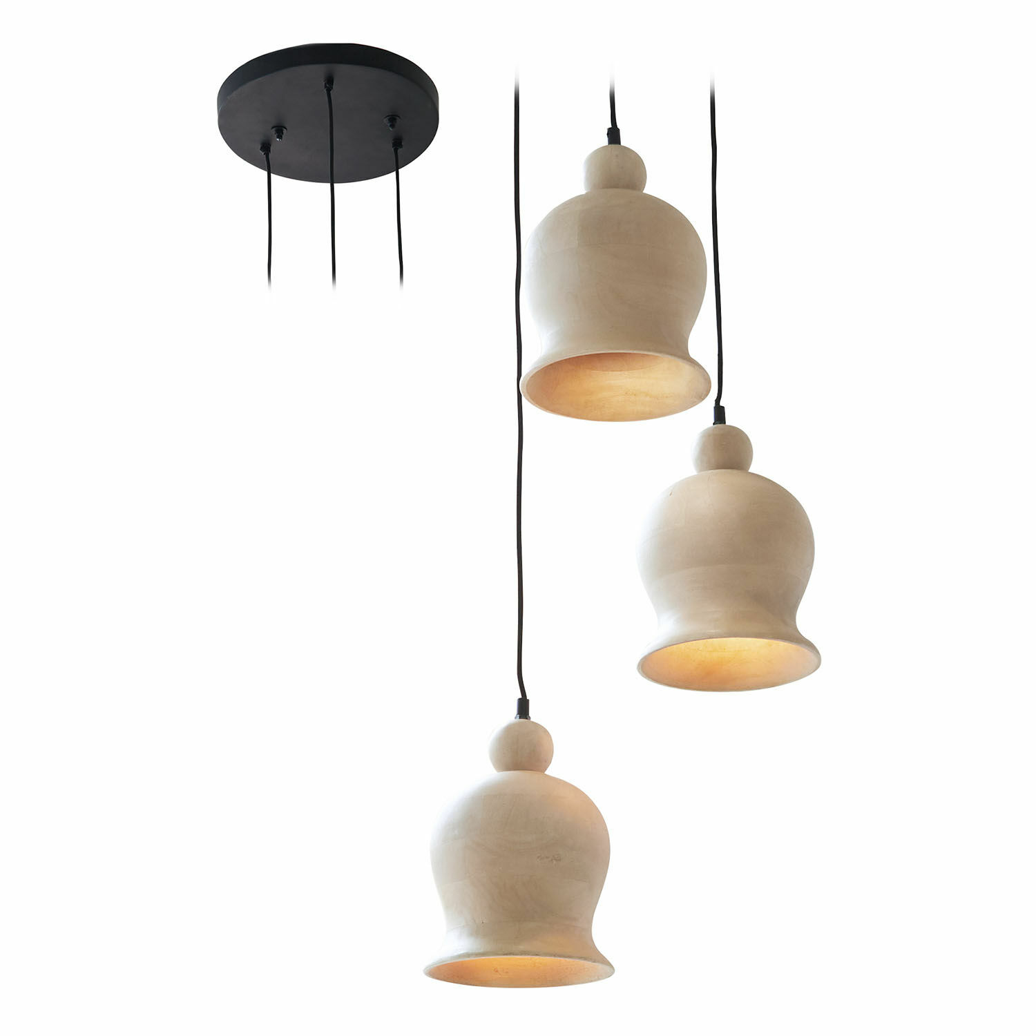 Suspension Ziravet Trois suspensions en céramique beige avec câbles noirs et base de plafond ronde noire