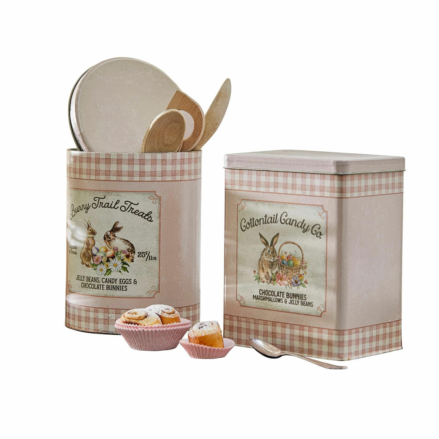 Lot de 2 boîtes Cottontail Boîtes métalliques roses à carreaux avec motifs de lapins et ustensiles en bois pour cuisine