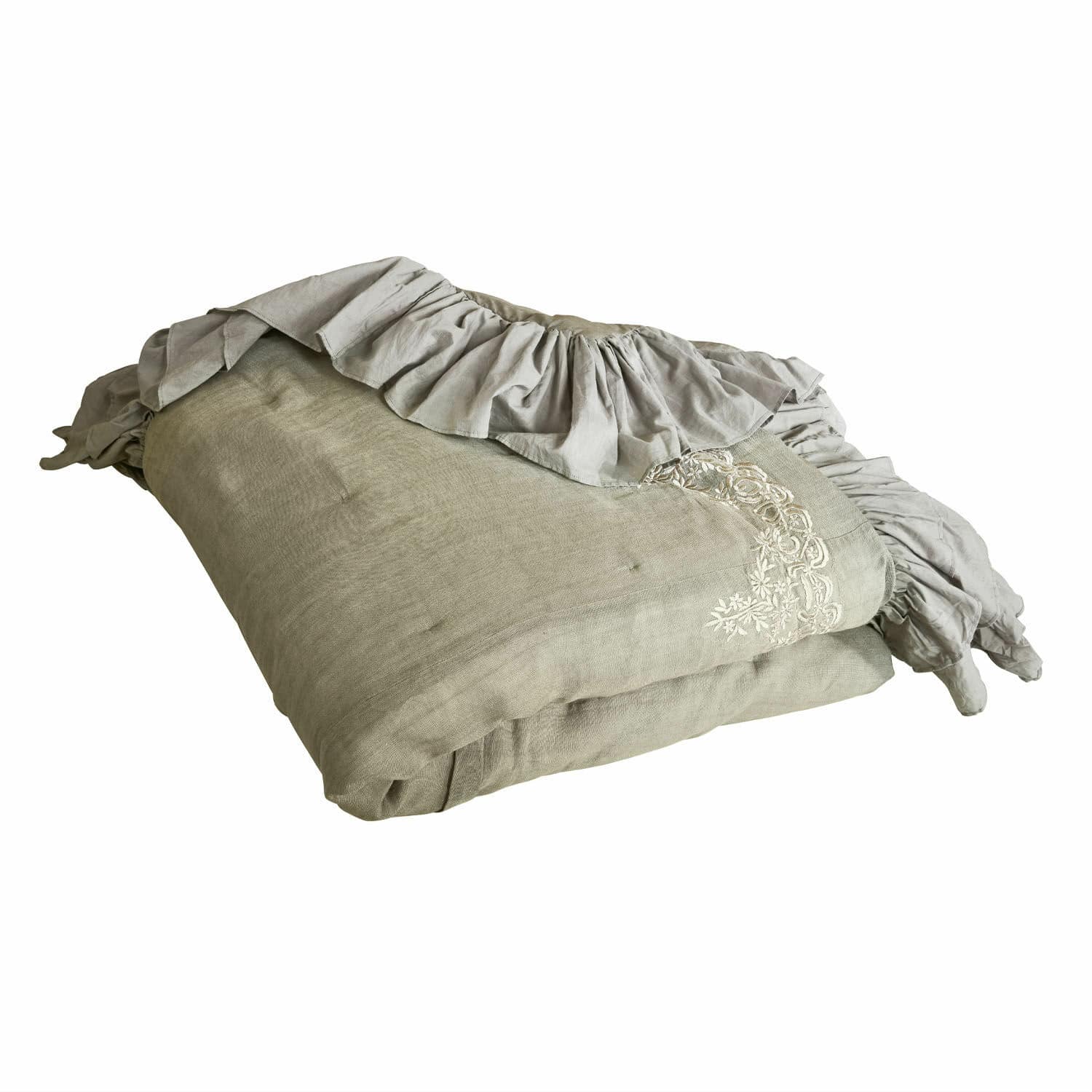 Courtepointe Therese Parure de lit en lin beige avec volant et broderie, tissu naturel décoratif pour chambre à coucher