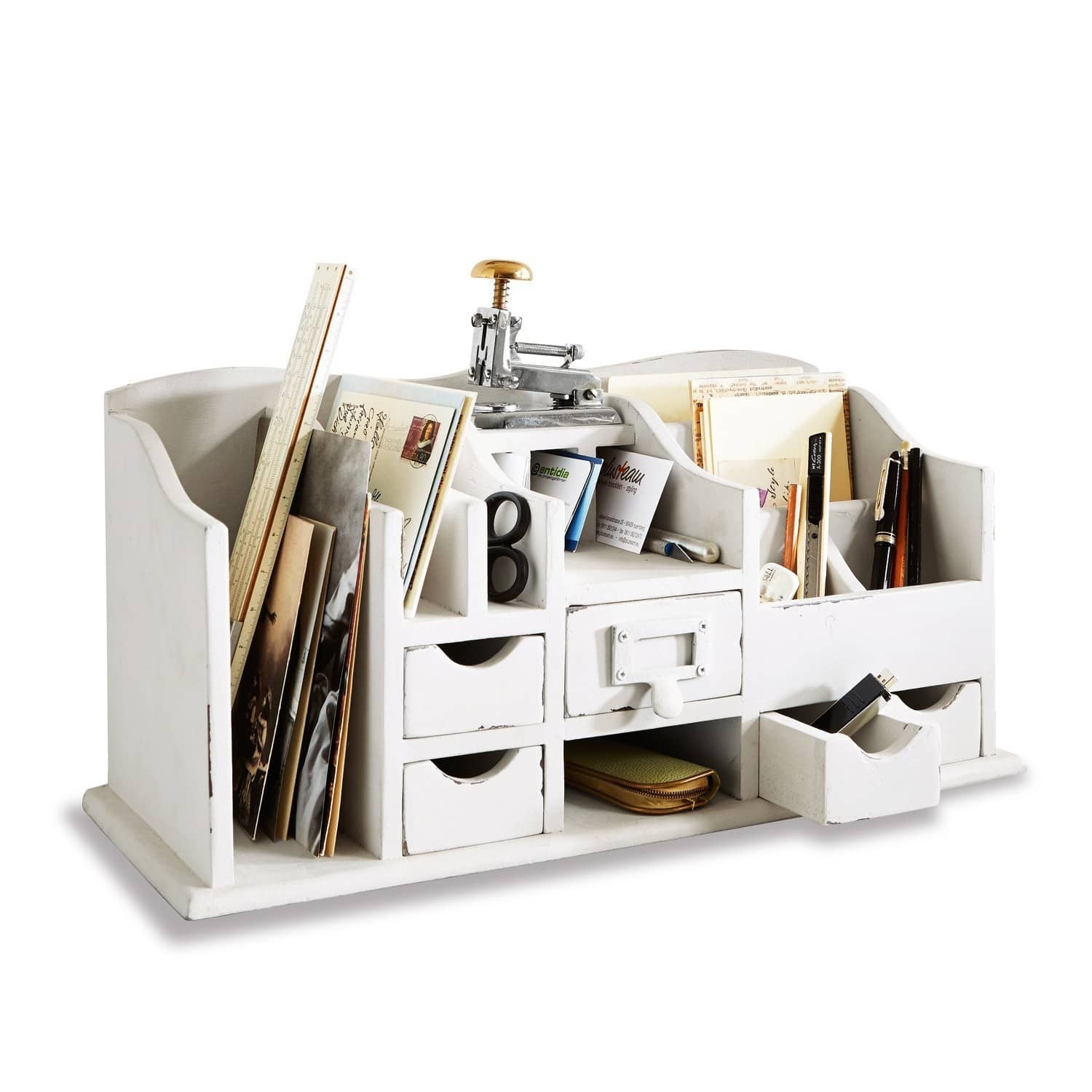 Organiseur Levin Organisateur de bureau en bois blanc avec tiroirs et compartiments pour documents et fournitures.