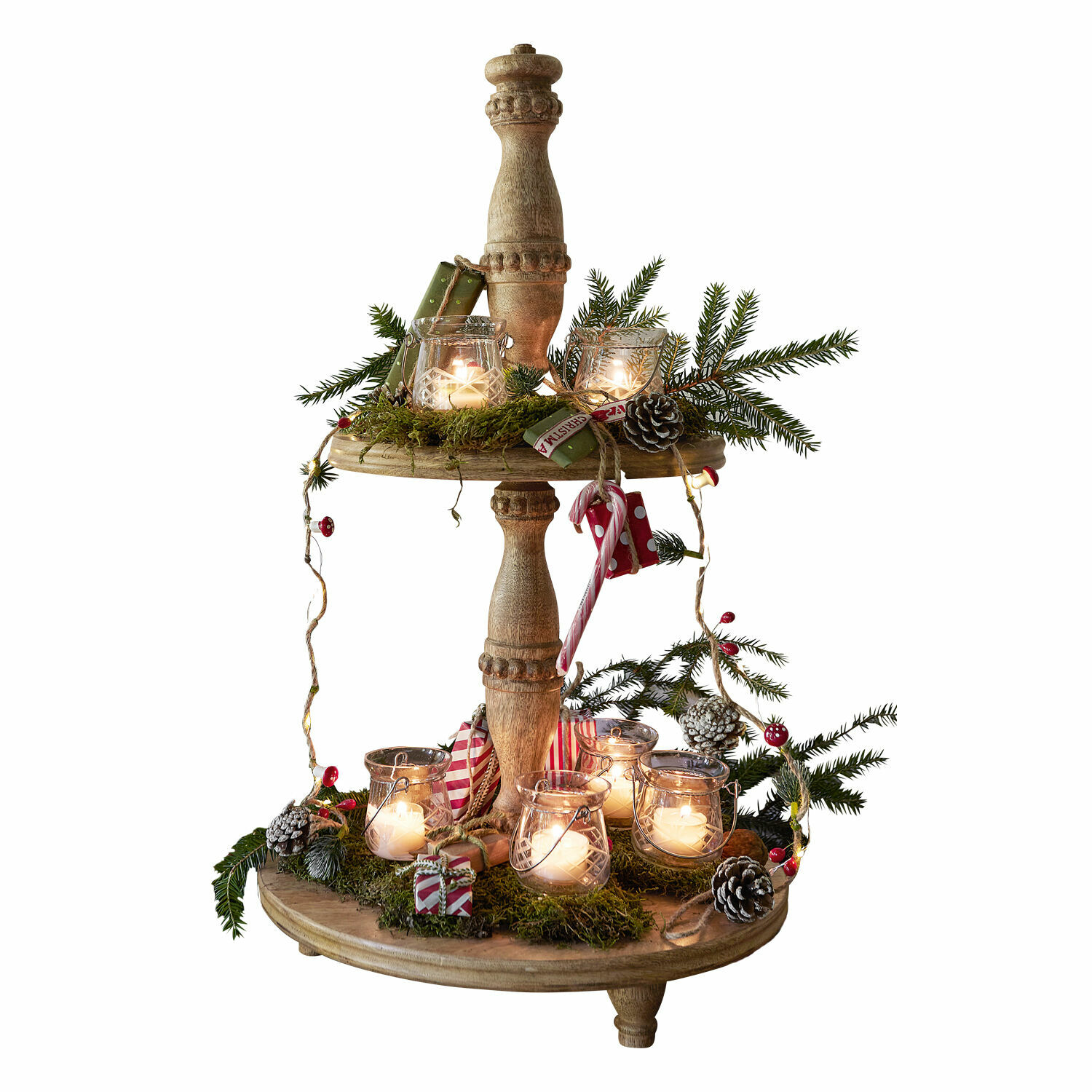 Présentoir à étages Ingham Décoration de Noël en bois à deux niveaux avec lanternes, branches vertes et ornements festifs lumineux