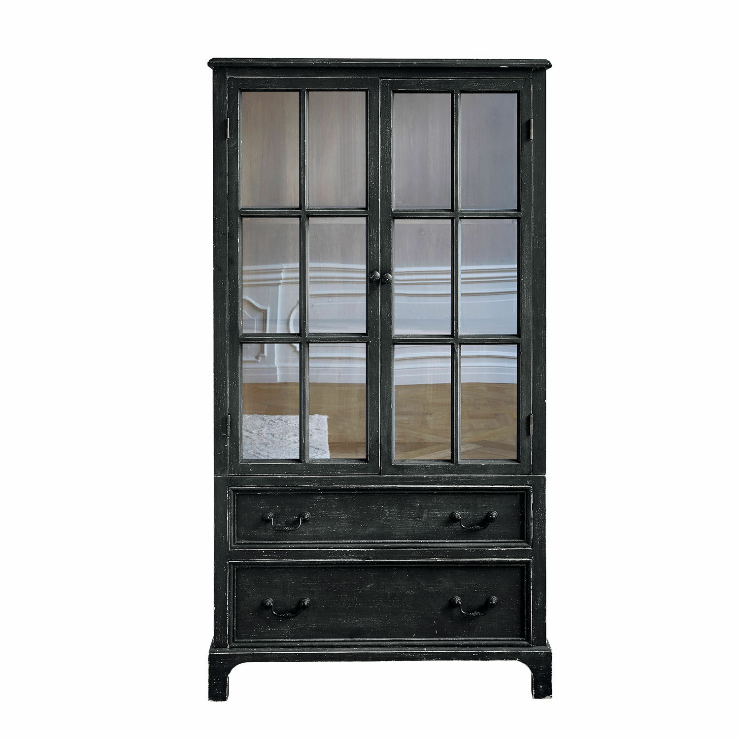 noir vieilli Armoire noire en bois Jarrowfield avec portes vitrées et deux tiroirs, meuble de salon élégant