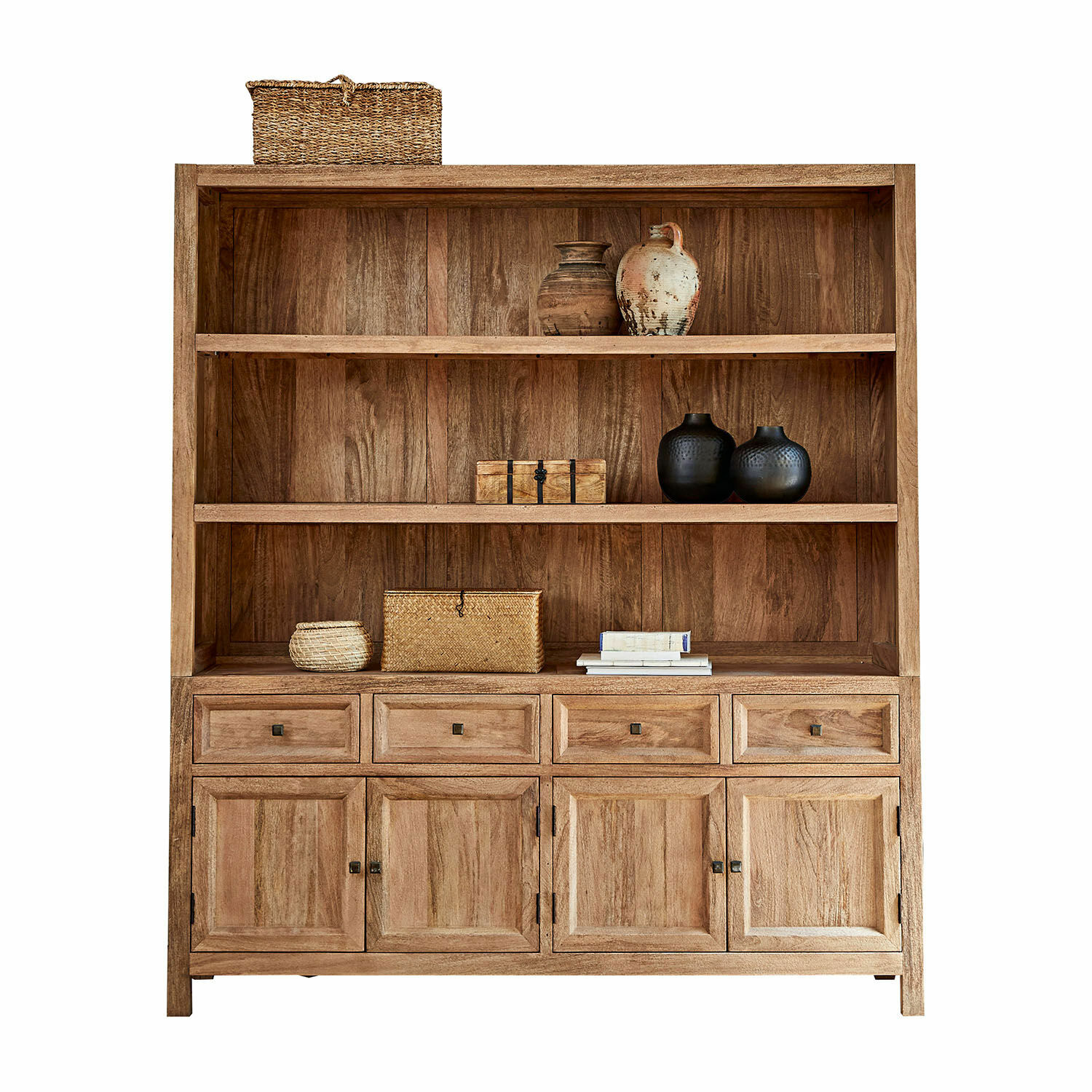 Vaisselier New Bedford Buffet en bois naturel avec étagères, tiroirs et décorations en osier et céramique noire