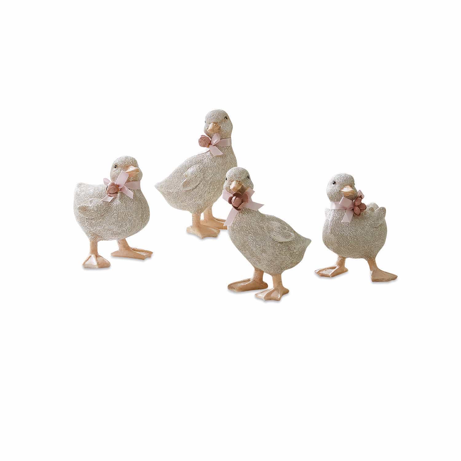 Lot de 4 canetons Orélie Ensemble de quatre canards décoratifs en résine gris avec nœuds roses pour décoration intérieure