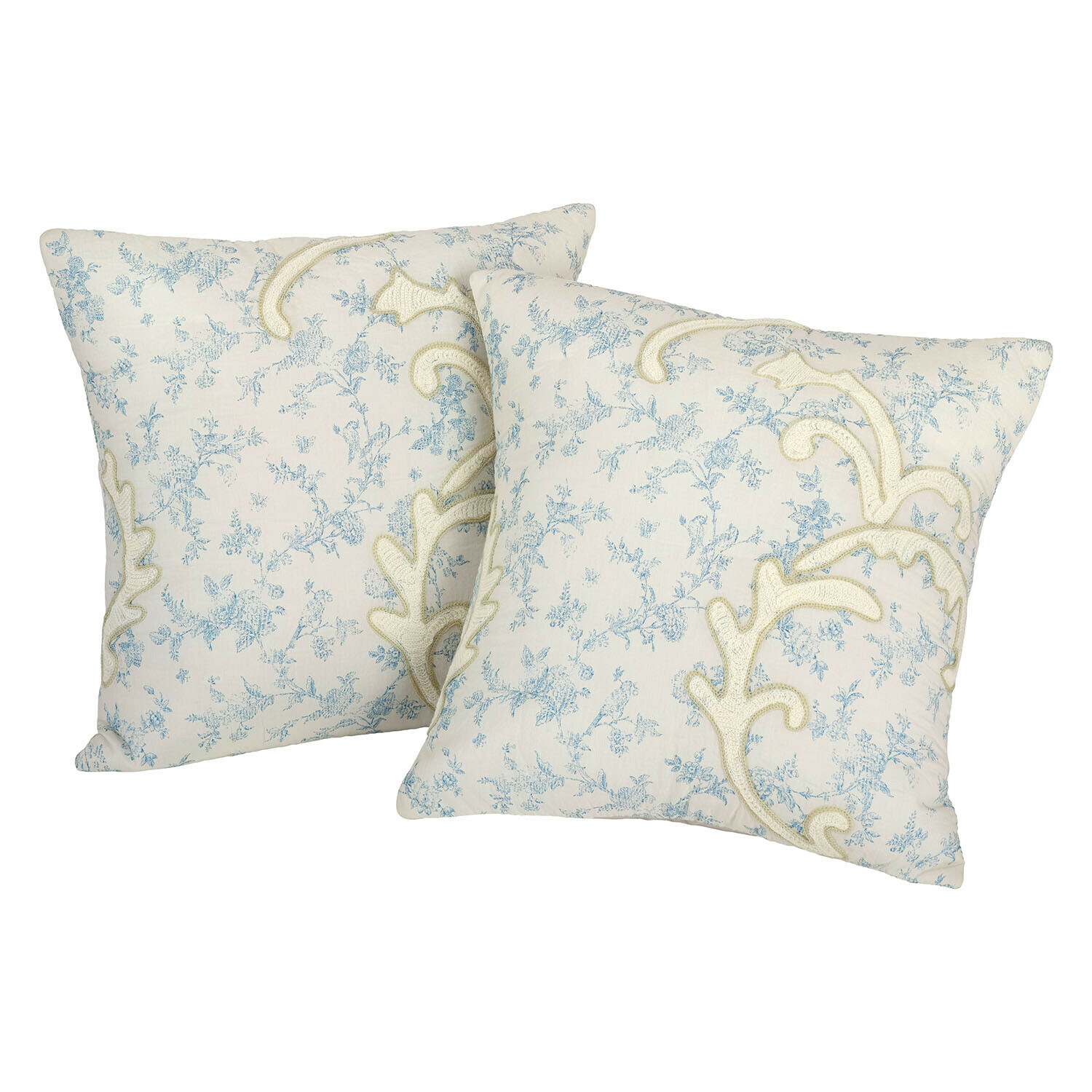 Lot de 2 housses de coussin Rocaille Étoilée Paire de coussins décoratifs en coton crème avec motif floral bleu et broderie élégante