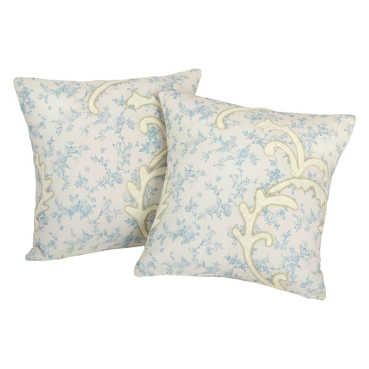 Lot de 2 housses de coussin Rocaille Étoilée Paire de coussins décoratifs en coton crème avec motif floral bleu et broderie élégante