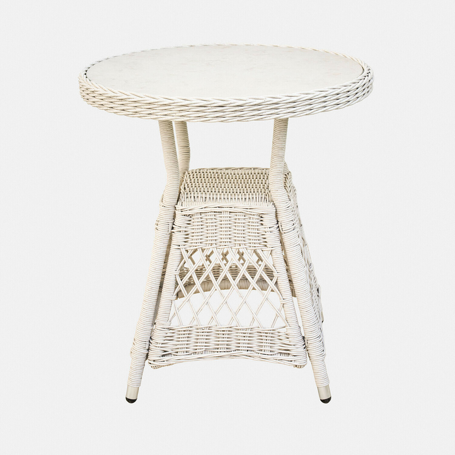 Table Solavine Table ronde en rotin blanc avec motif tressé et étagère, meuble décoratif pour salon ou jardin