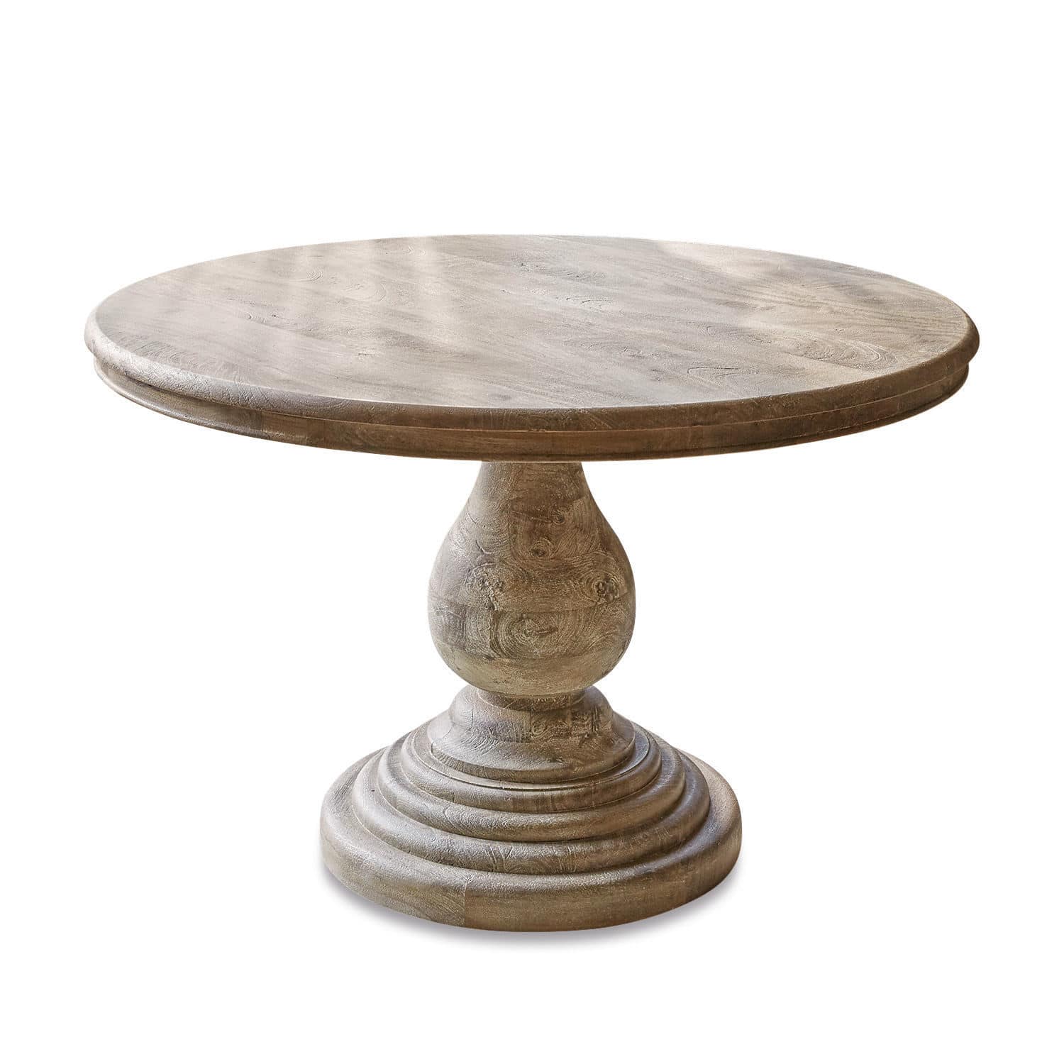 Table Orlin Table ronde en bois de manguier couleur naturelle avec pied décoratif, meuble de salle à manger