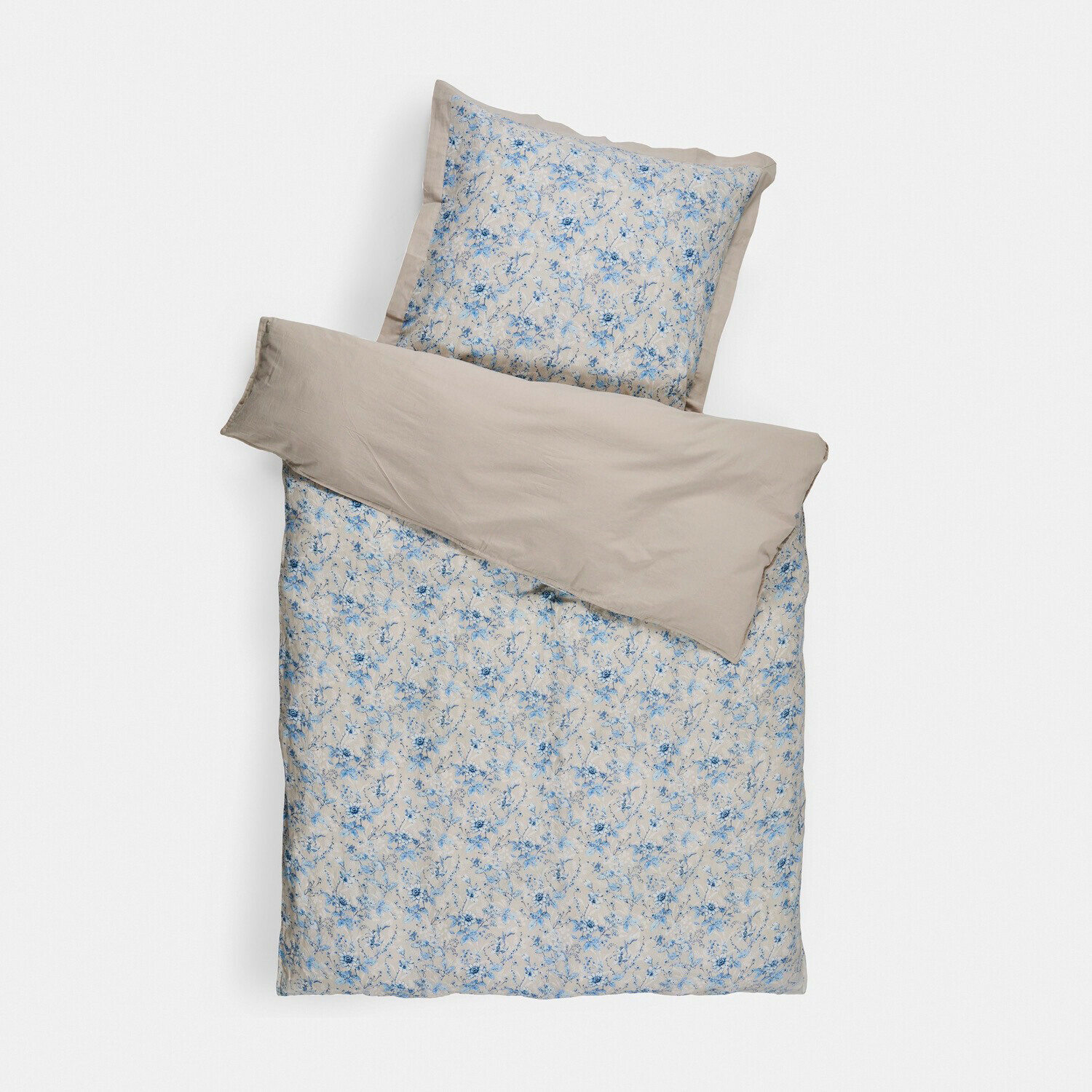 Parure de lit Vailenne Parure de lit en coton beige avec motif floral bleu, comprenant housse de couette et taie d'oreiller