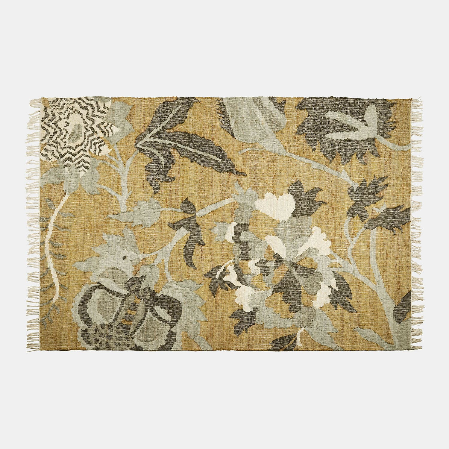 Tapis en matériau naturel beige avec motifs floraux gris, décoration élégante pour salon