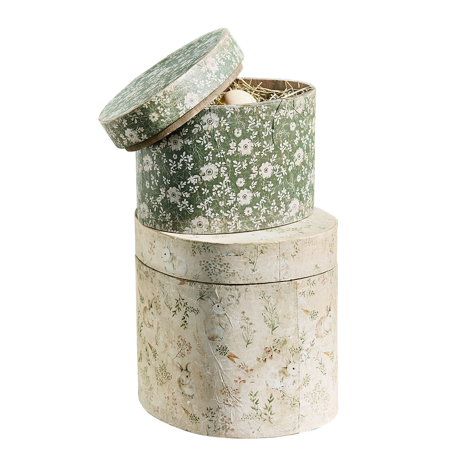 Lot de 2 boîtes en bois Puddlebrook Ensemble de deux boîtes rondes en papier avec motifs floraux et lapins en vert et beige décoratif