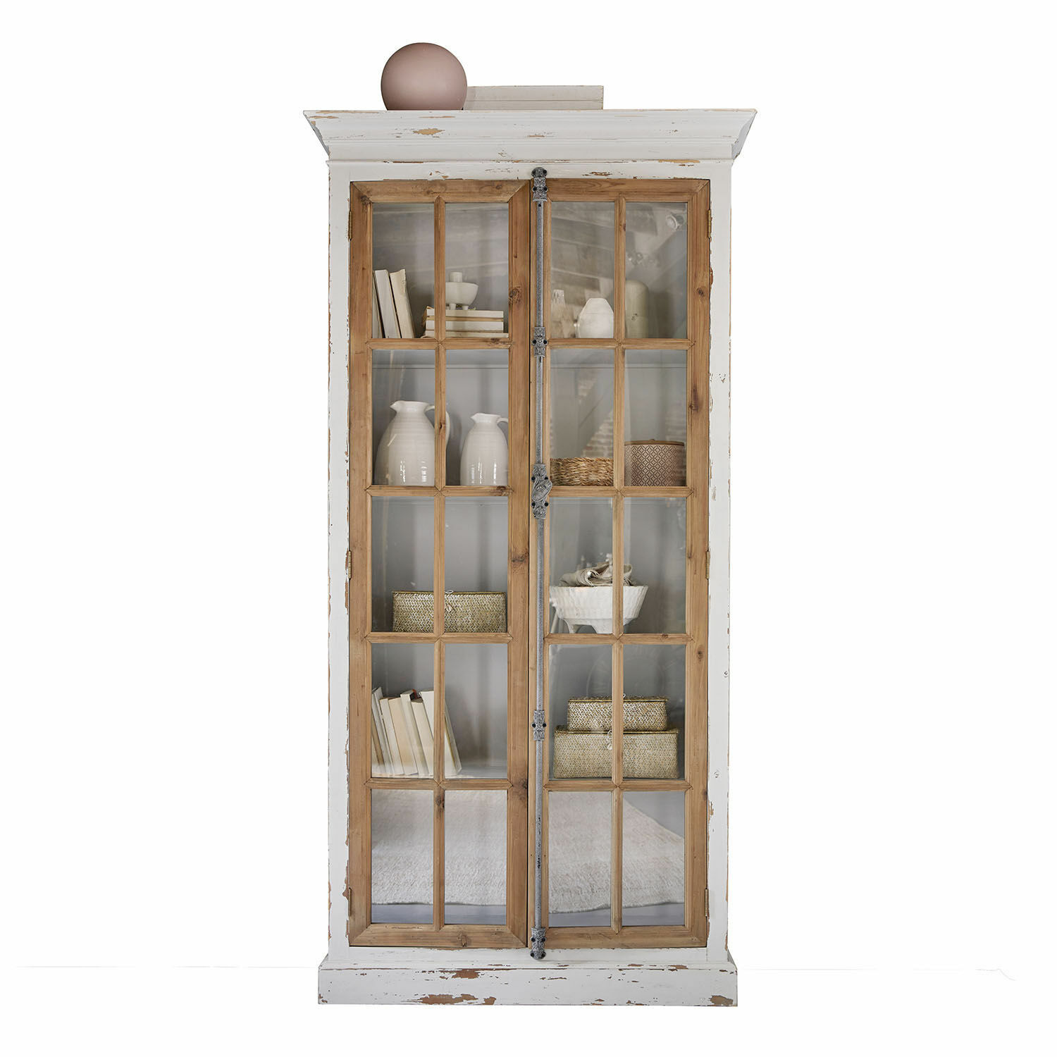 Vitrine Philippe Vitrine en bois avec portes vitrées et charnières métalliques, style vintage, décorations à l'intérieur