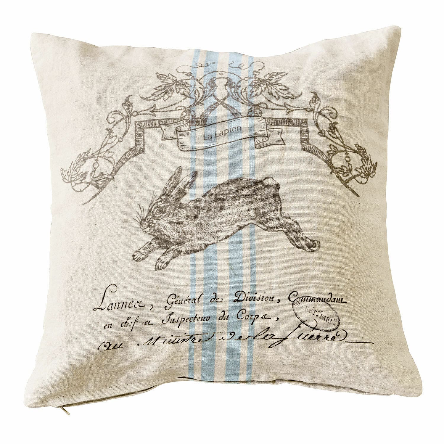 Housse de coussin La Lapin Coussin en lin beige avec impression de lapin et rayures bleues, décoration intérieure élégante