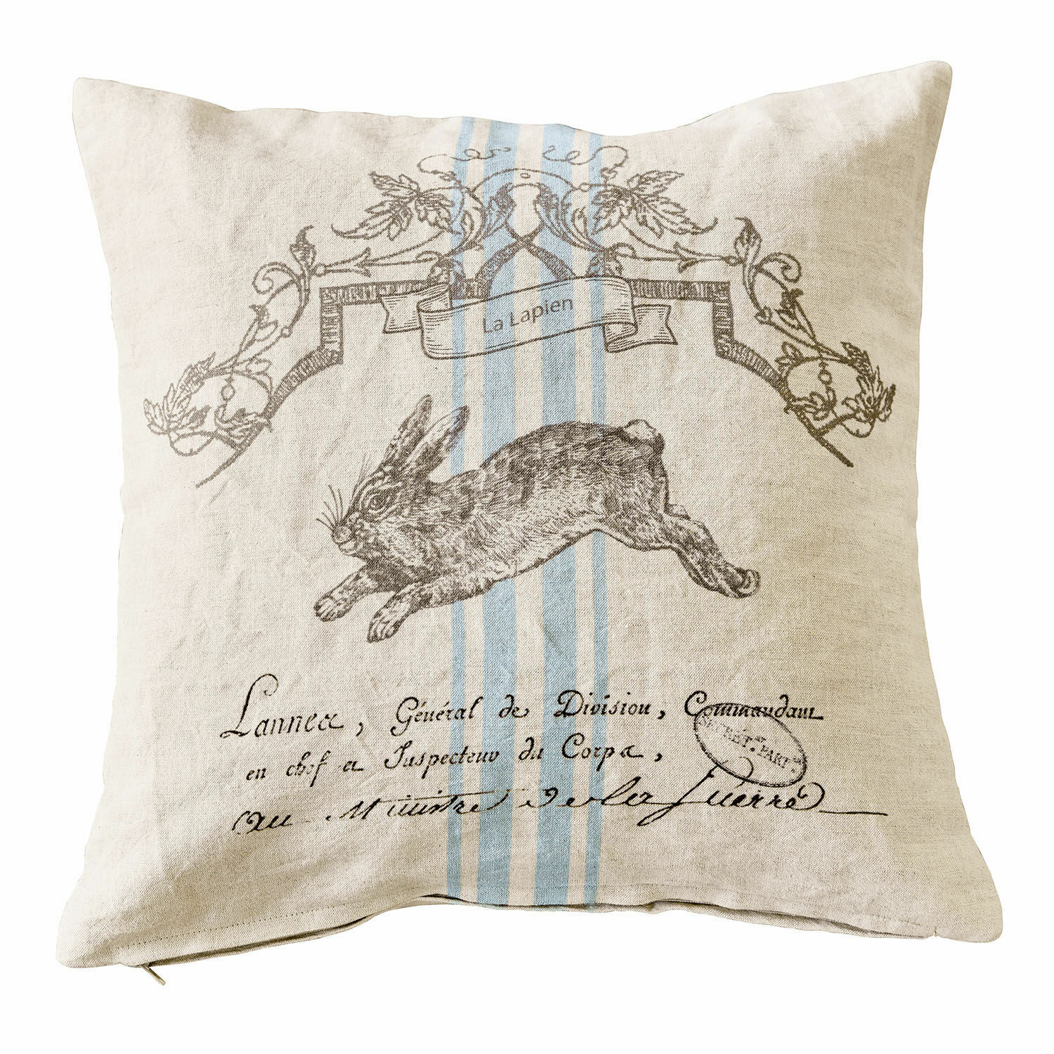 Housse de coussin La Lapin Coussin en lin beige avec impression de lapin et rayures bleues, décoration intérieure élégante