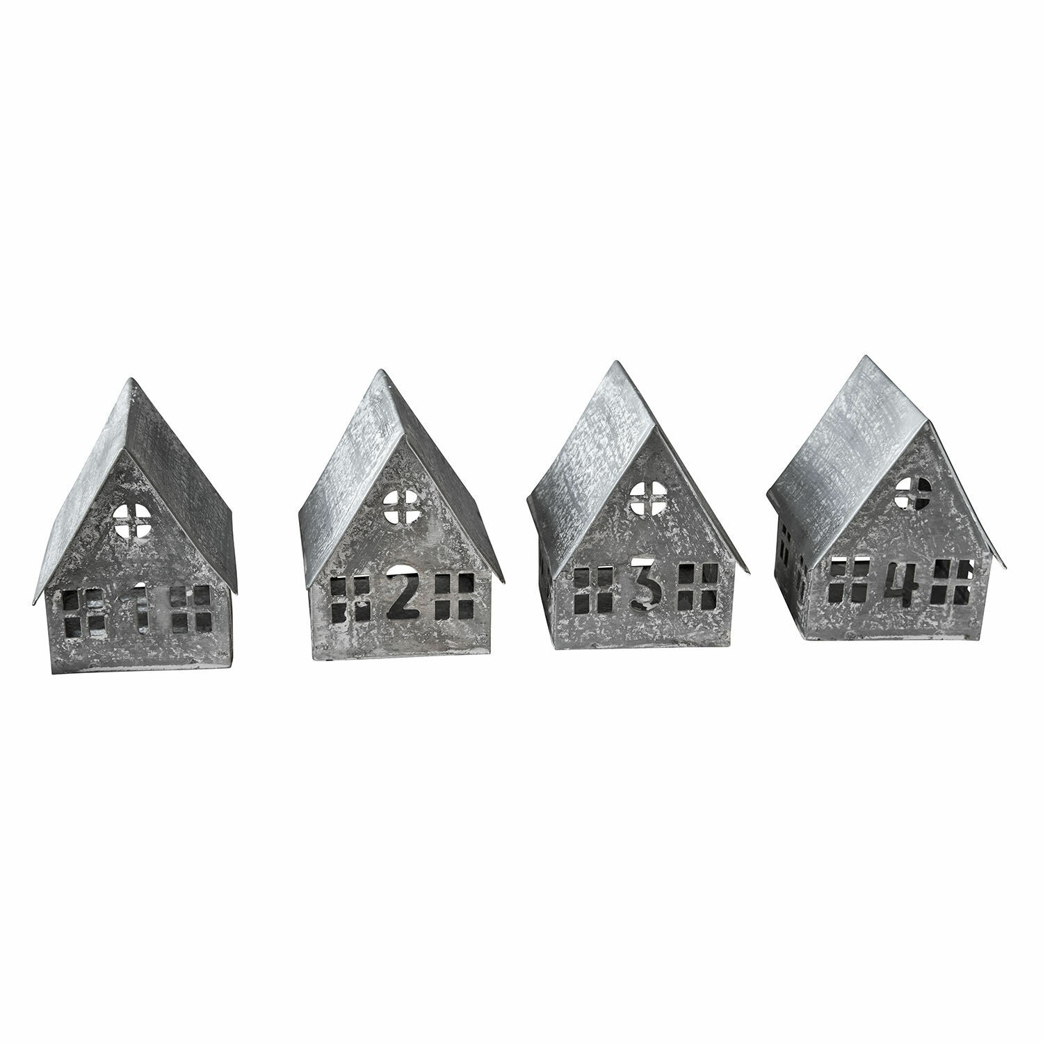 Lot de 4 photophores Ivolere Ensemble de quatre maisons décoratives en métal gris numérotées de 1 à 4 pour décoration intérieure