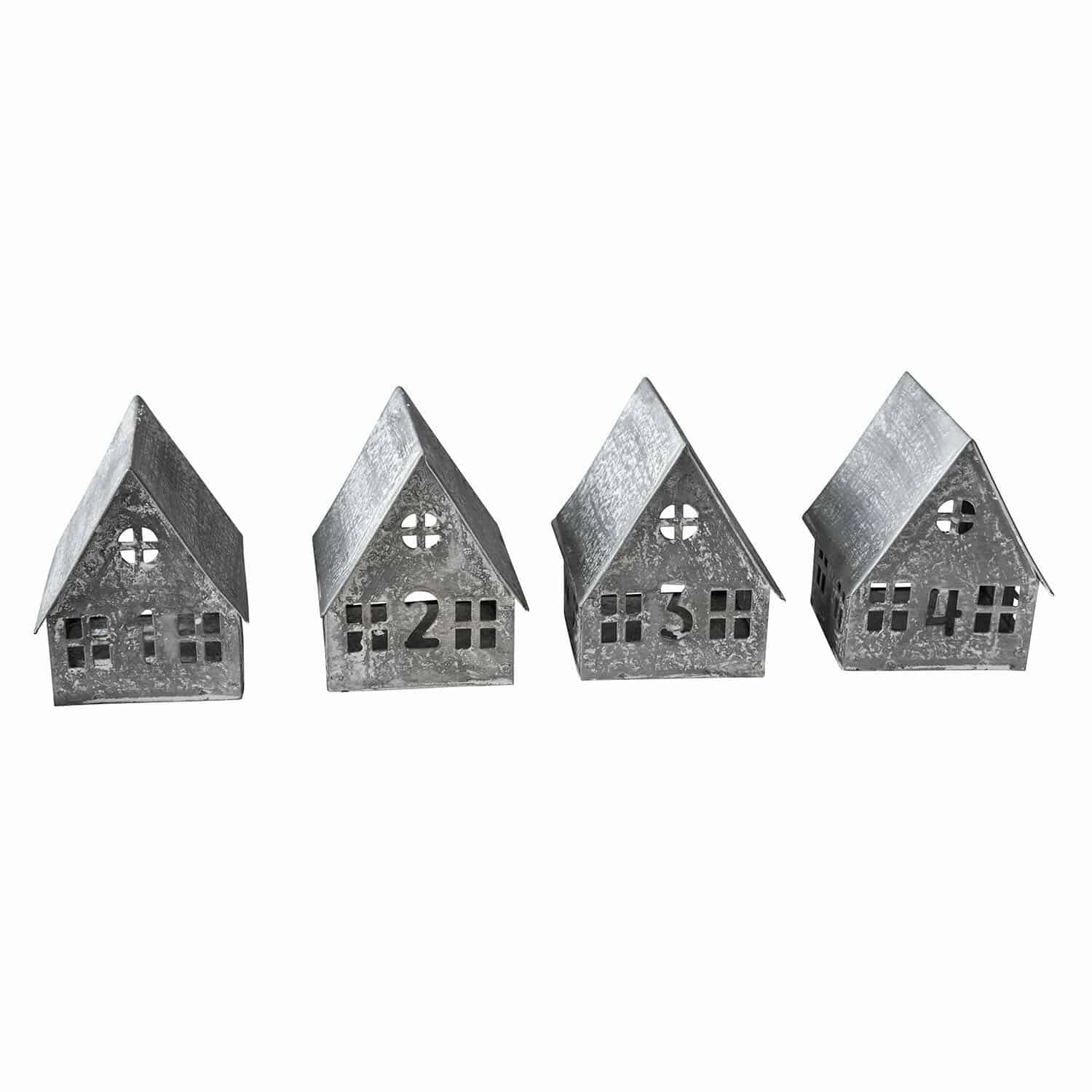 Lot de 4 photophores Ivolere Ensemble de quatre maisons décoratives en métal gris numérotées de 1 à 4 pour décoration intérieure