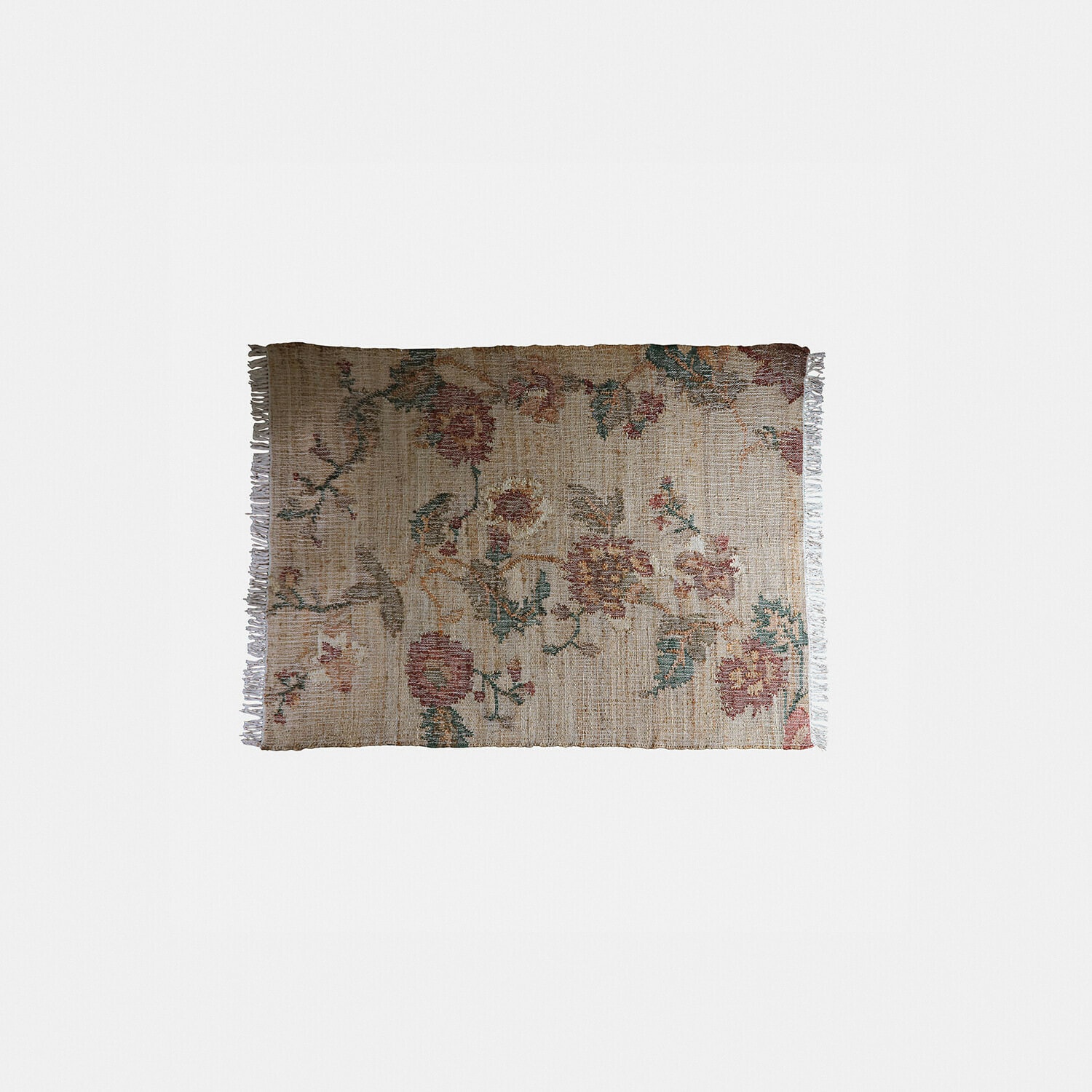 Tapis Caléndoro Tapis en matériau naturel beige avec motif floral et franges sur les côtés pour décoration intérieure