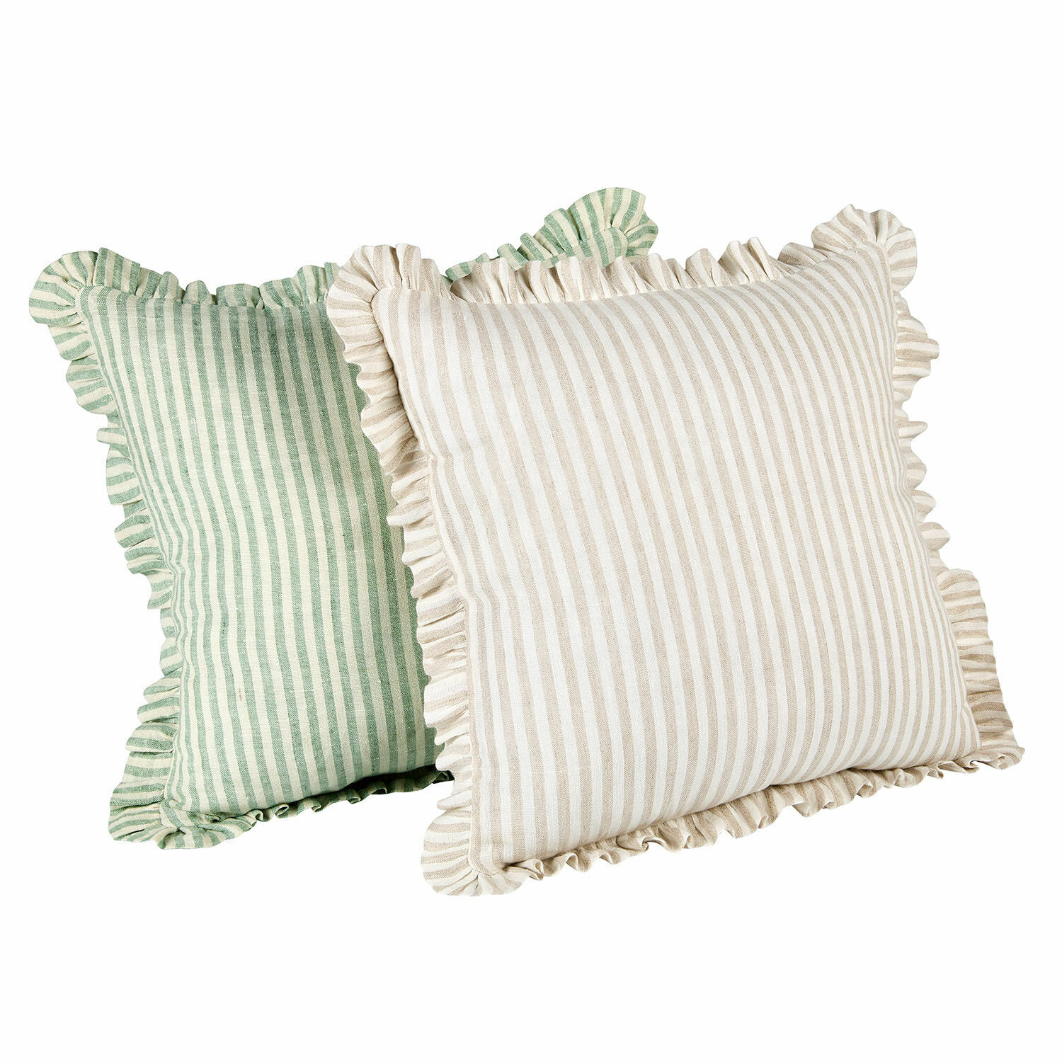 Lot de 2 housses de coussins Brenda Ensemble de deux coussins décoratifs en coton rayé beige crème et vert avec volants