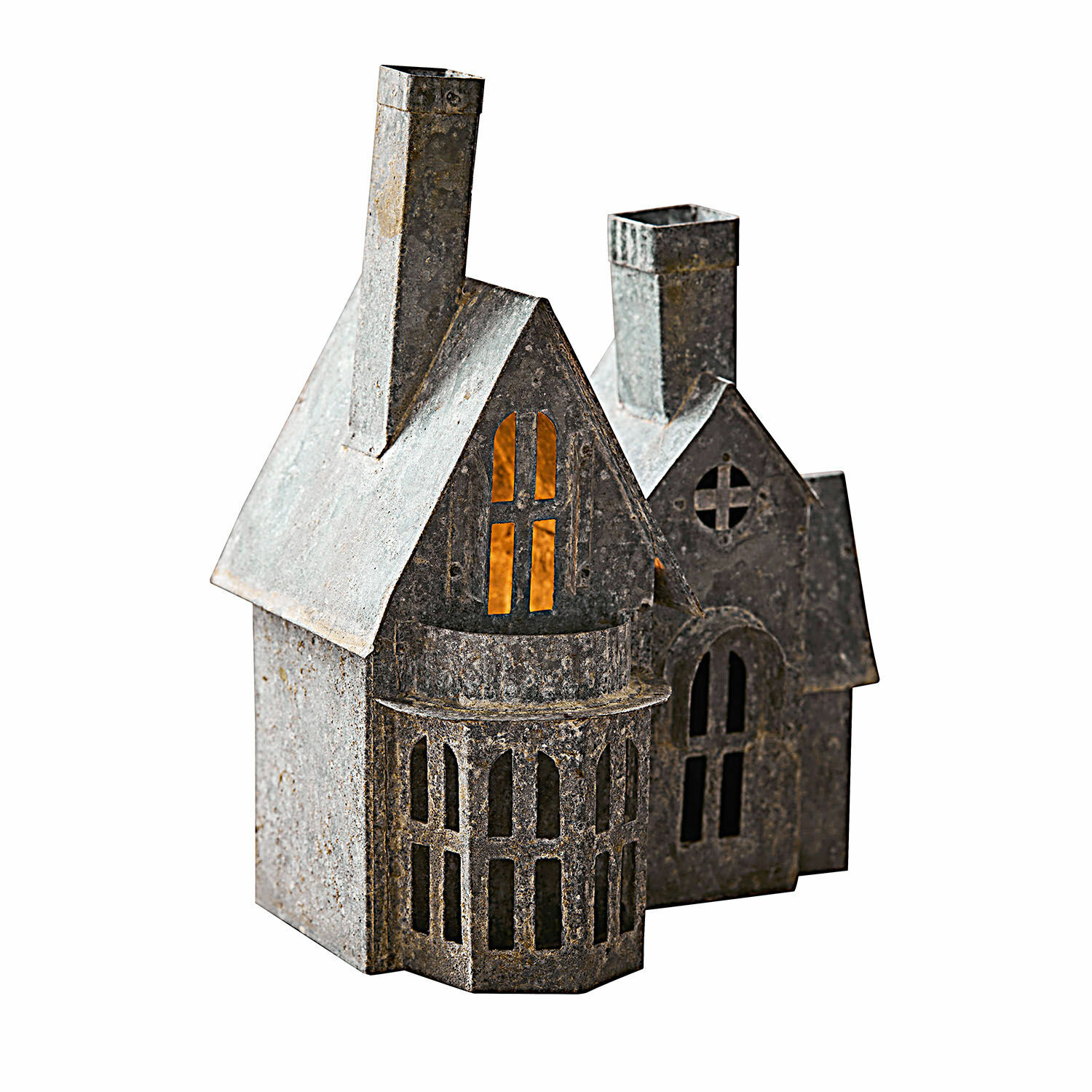 Maison décorative Lanoux Décoration maison en métal gris vintage avec éclairage, objet décoratif pour intérieur et jardin