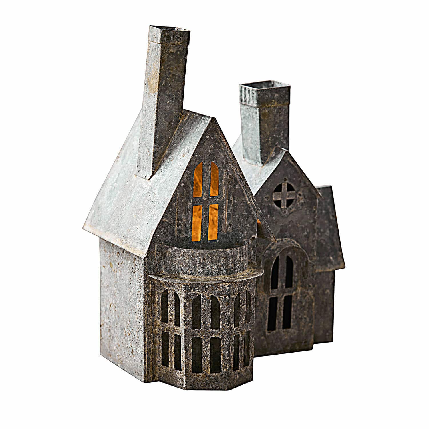 Maison décorative Lanoux Décoration maison en métal gris vintage avec éclairage, objet décoratif pour intérieur et jardin