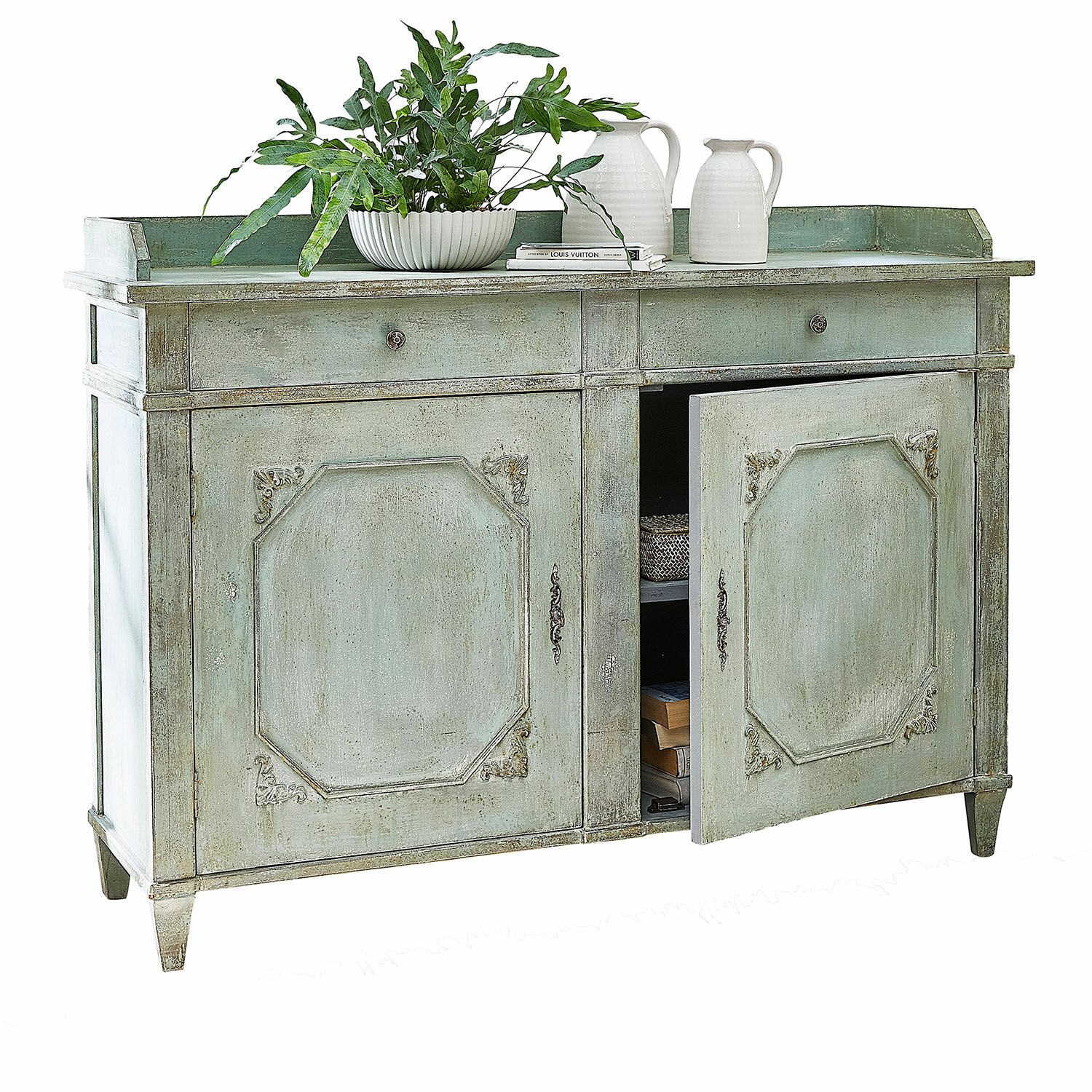 Commode Mervelique Buffet en bois vert avec deux tiroirs et portes décoratives pour rangement élégant