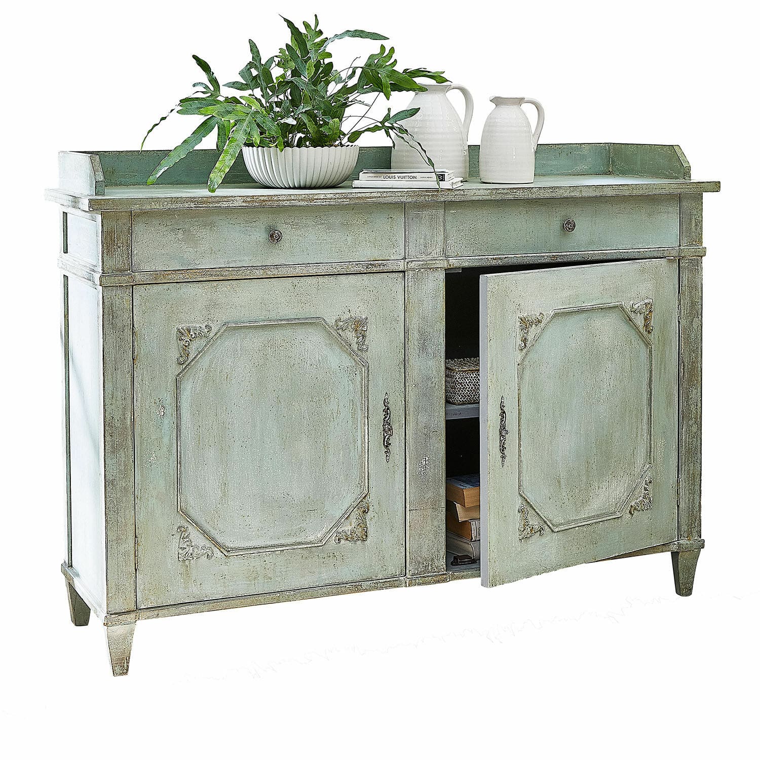 Commode Mervelique Buffet en bois vert avec deux tiroirs et portes décoratives pour rangement élégant