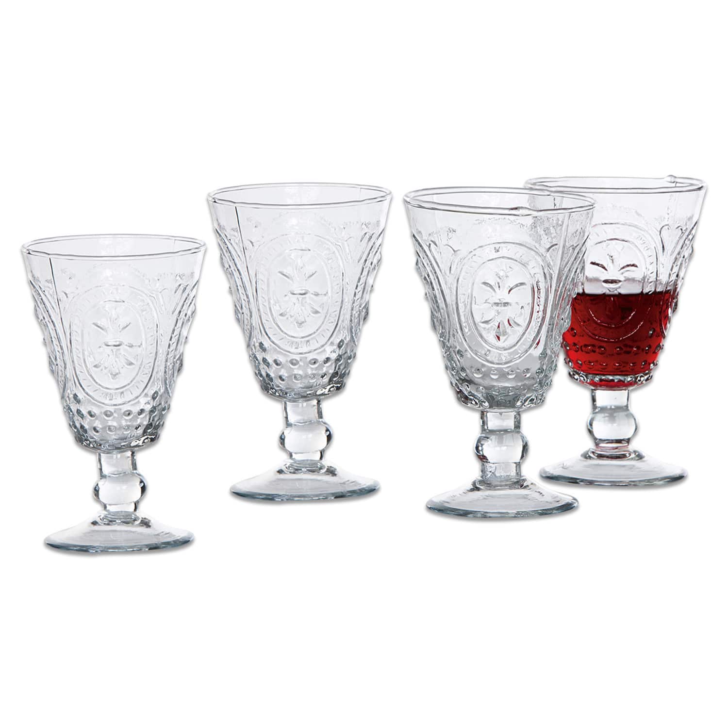 Lot de 4 verres à vin Sarton Ensemble de quatre verres transparents avec motif décoratif, parfaits pour servir des boissons.