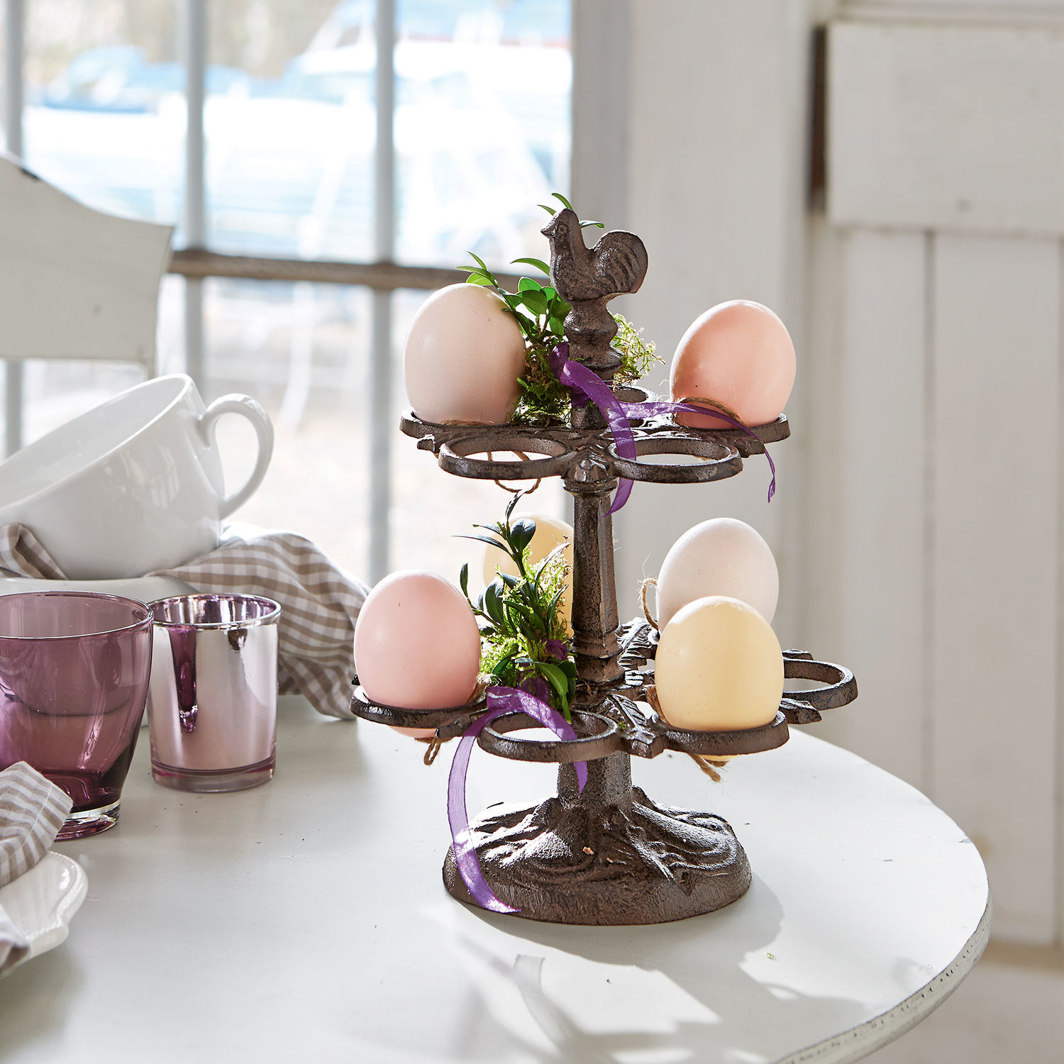 Présentoir à œufs Nelis Présentoir en métal pour œufs avec décoration coq et plantes vertes, décoration rustique de table