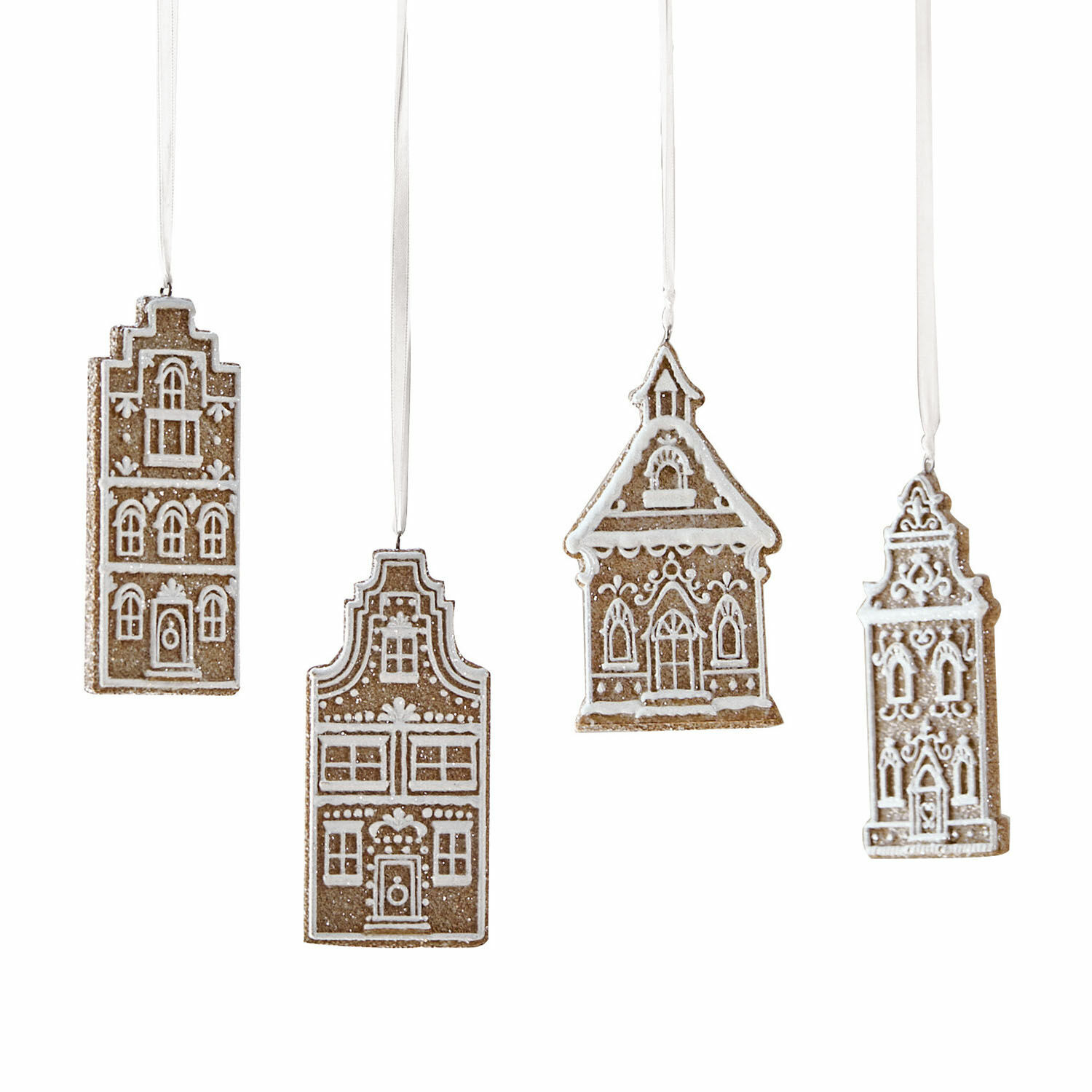 Lot de 4 décorations à suspendre Gabin Suspensions en forme de maisons en matériau type pain d'épice, brun avec décor blanc, décoration de Noël