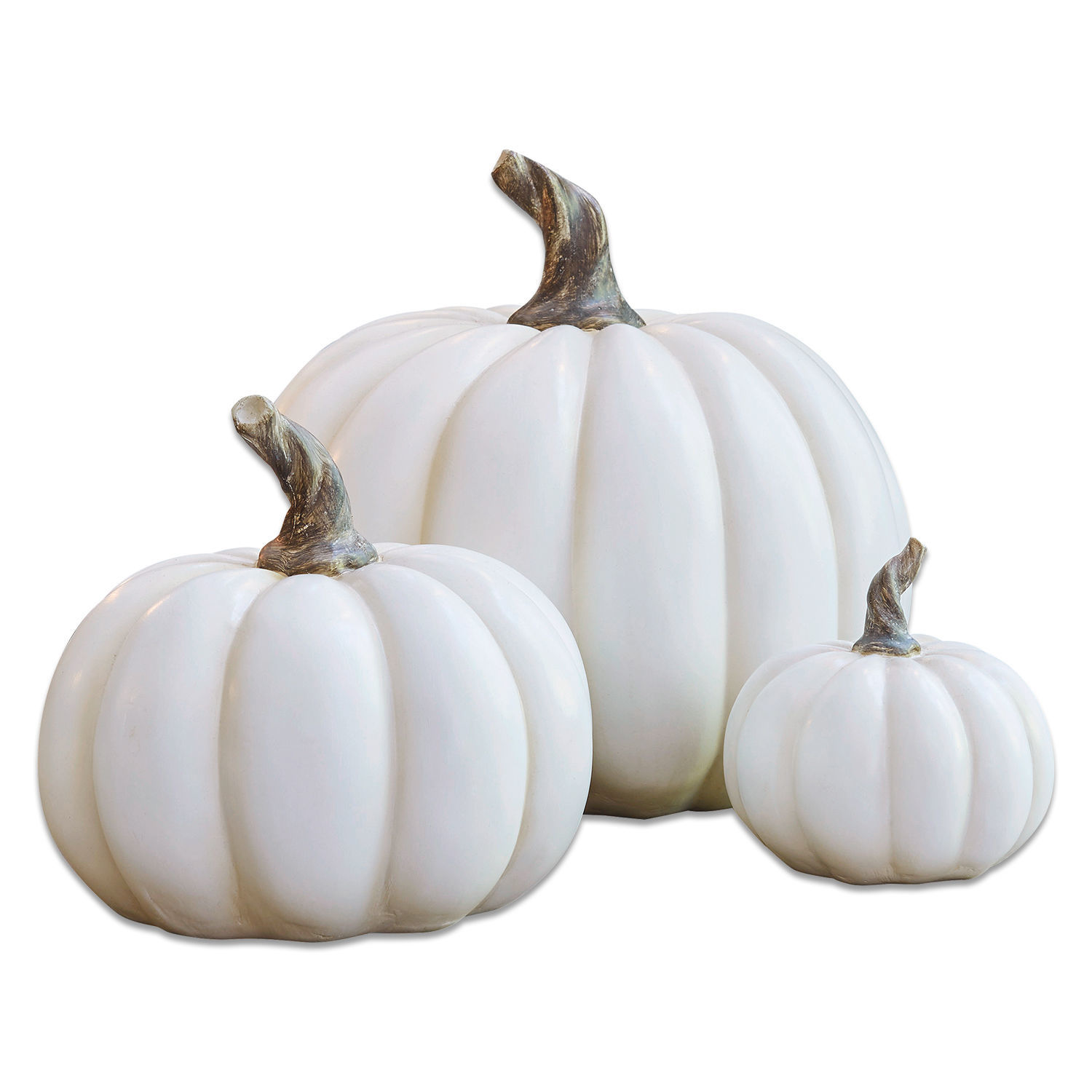 Lot de 3 citrouilles Elrik Ensemble de trois citrouilles décoratives blanches avec tiges brunes, décoration automnale intérieure