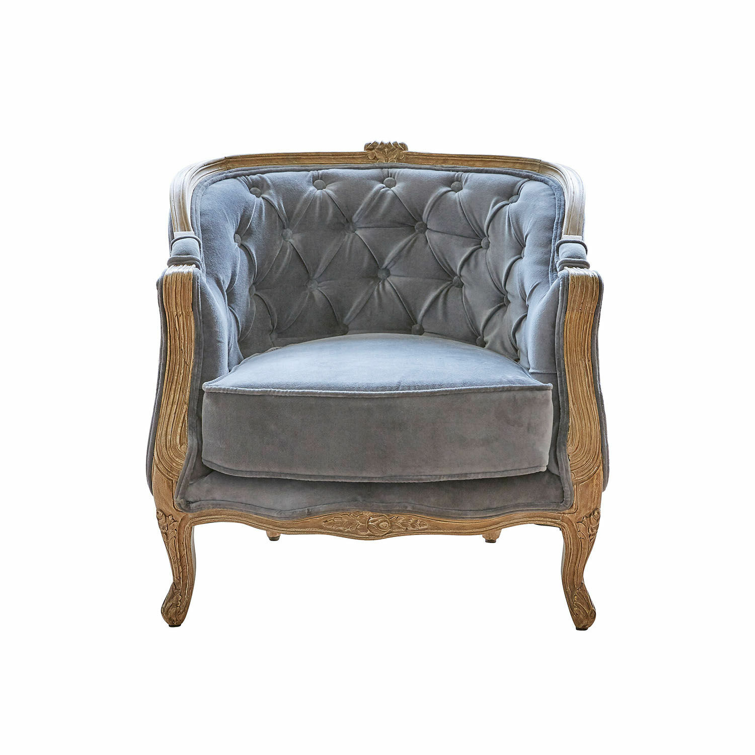 bleu-gris Fauteuil Annezay en velours gris-bleu avec cadre en bois sculpté, siège élégant pour salon