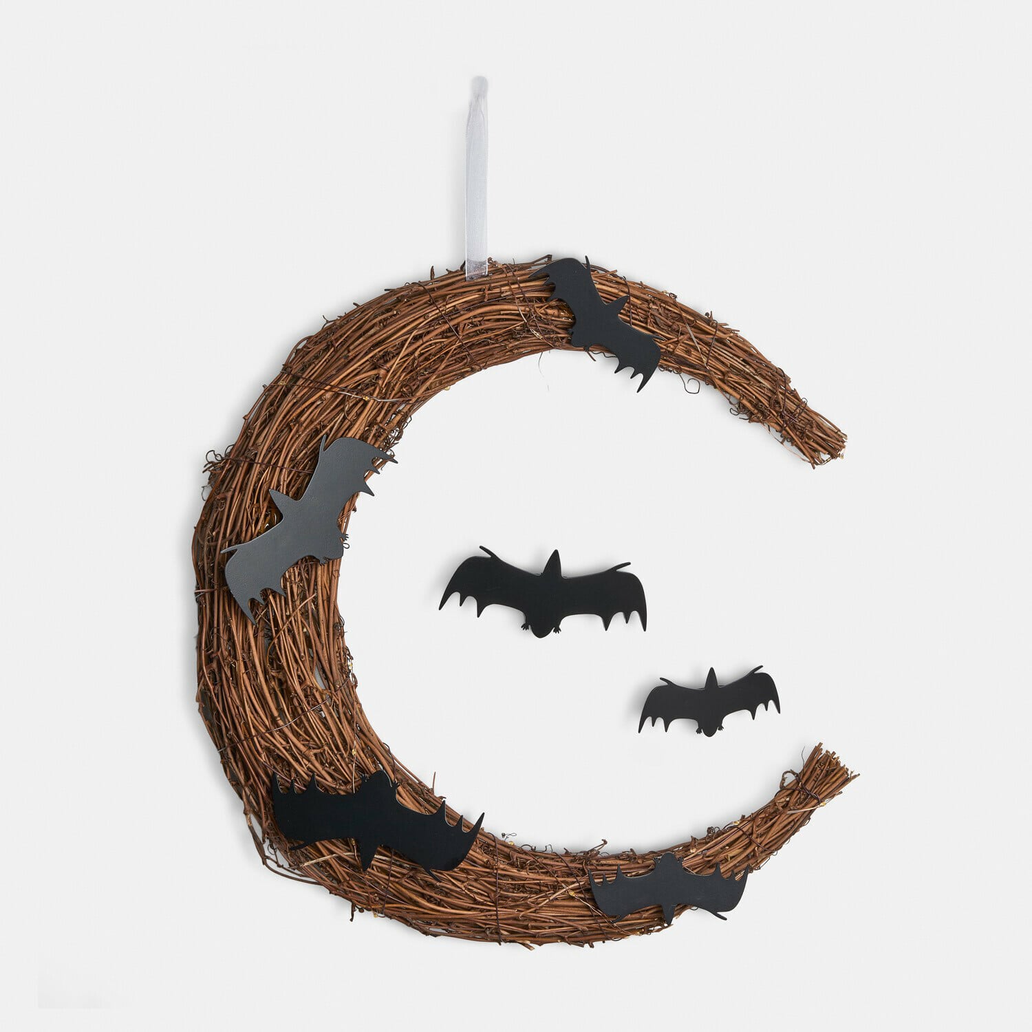Couronne à LED Brynnach Couronne décorative en brindilles avec chauves-souris noires pour Halloween, décoration murale marron