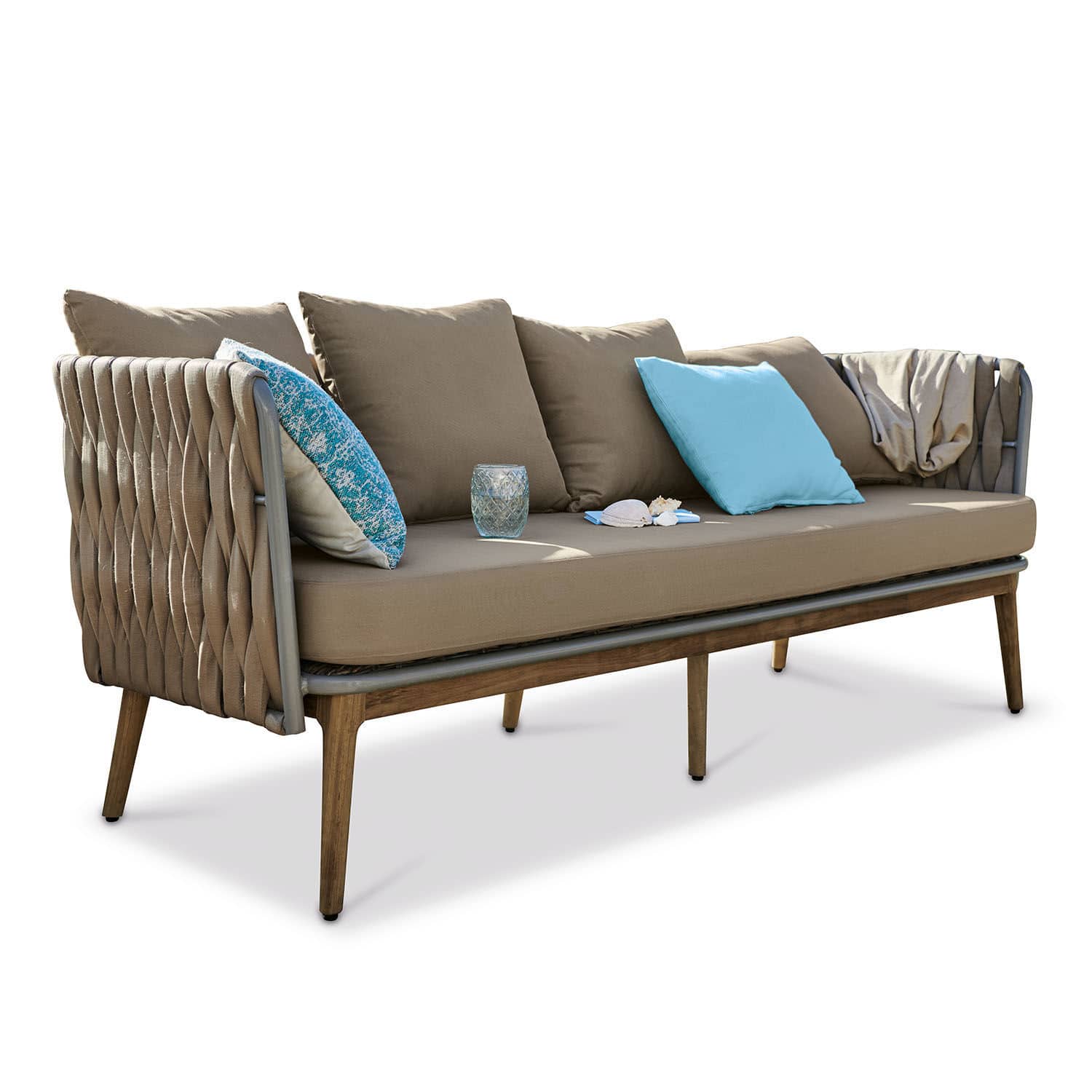 Canapé Siochana Canapé d'extérieur moderne en tissu beige avec cadre en bois, parfait pour la détente sur la terrasse