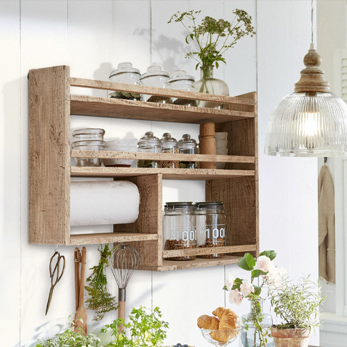 Étagère murale rustique en bois avec rangement pour épices et porte-serviettes en papier