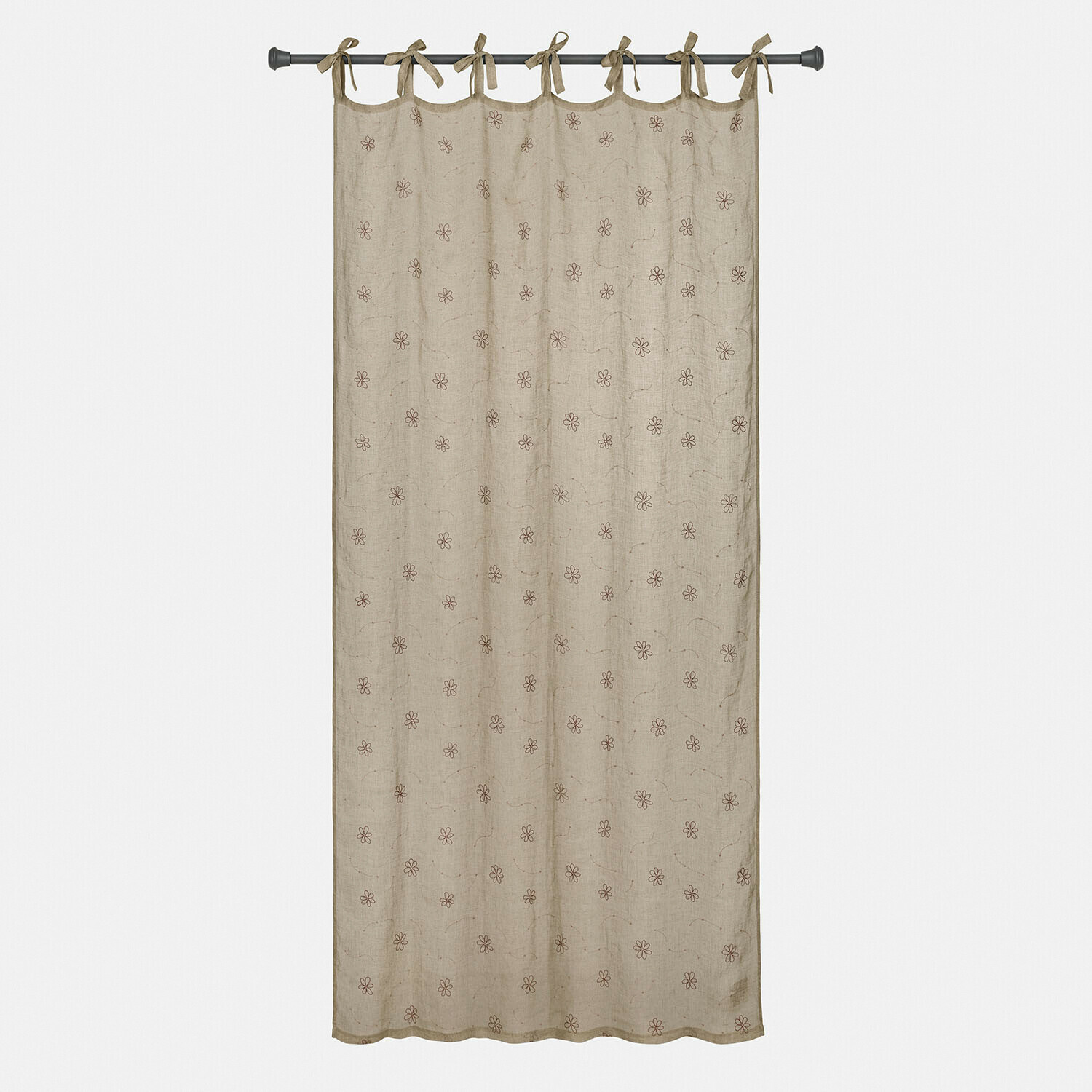 Voilage Amélorie Rideau en lin beige avec motif floral marron et attaches nouées pour suspension facile