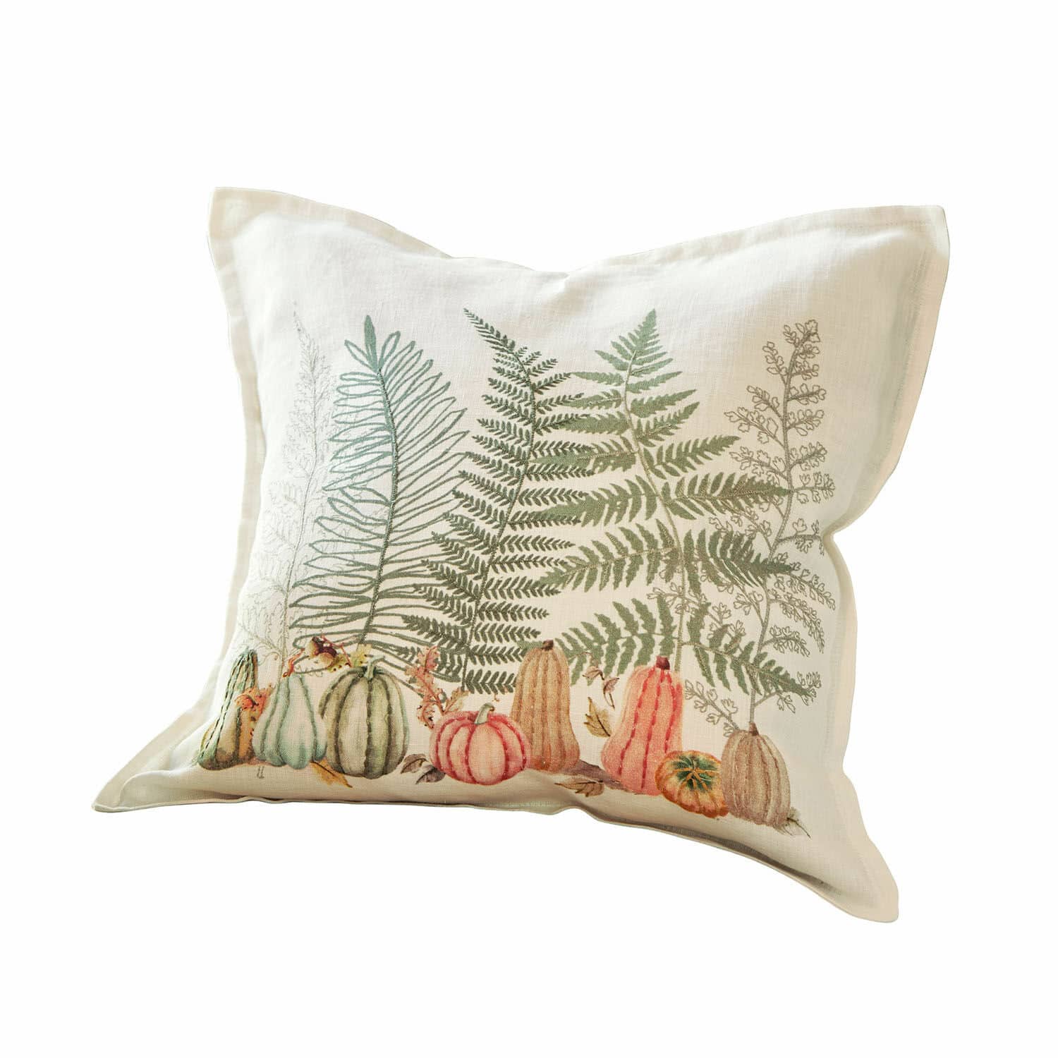 Housse de coussin Lorimare Coussin décoratif en coton écru avec imprimé de fougères vertes et citrouilles colorées