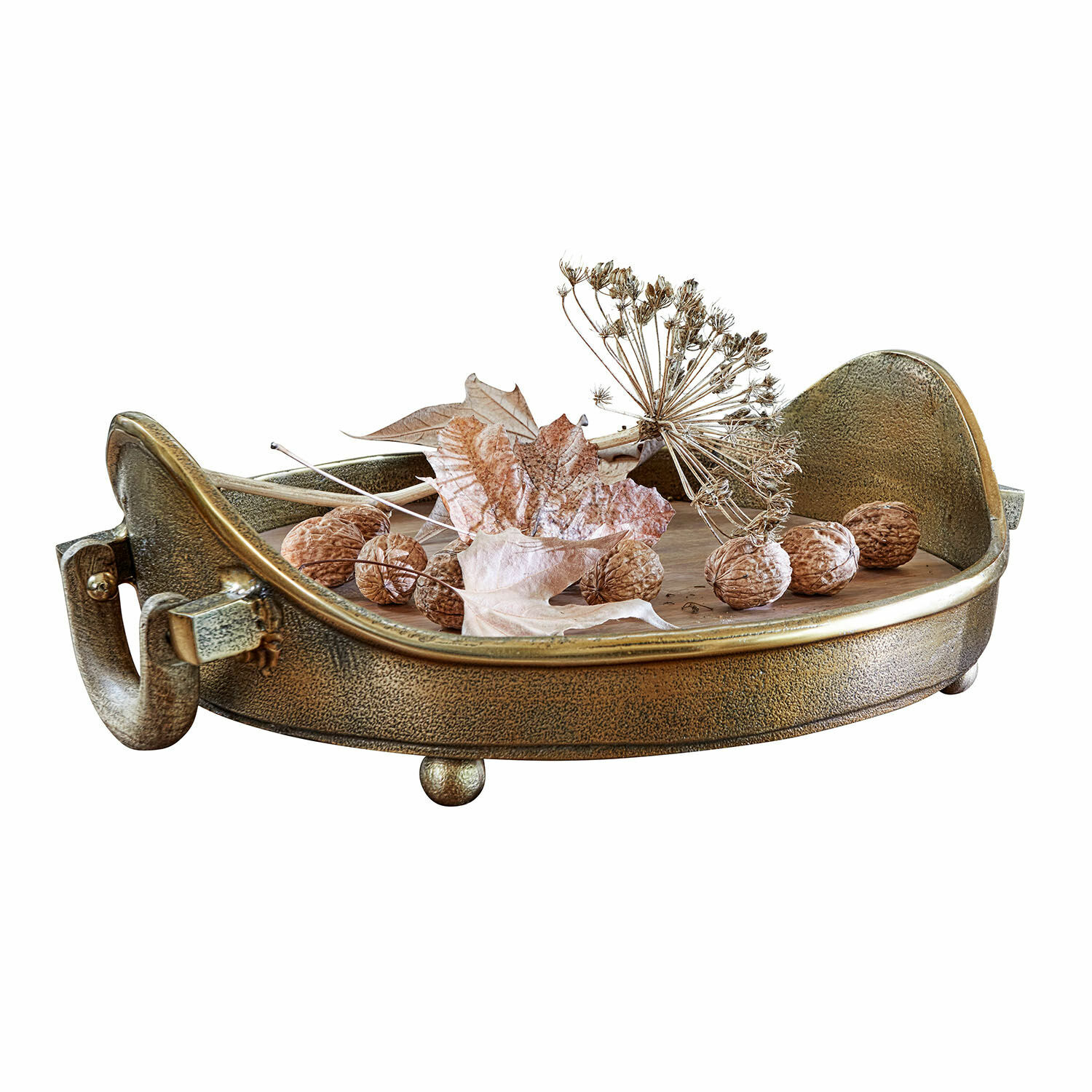 Plateau Louvil Plateau décoratif rond en métal couleur or ancien avec feuilles séchées et noix