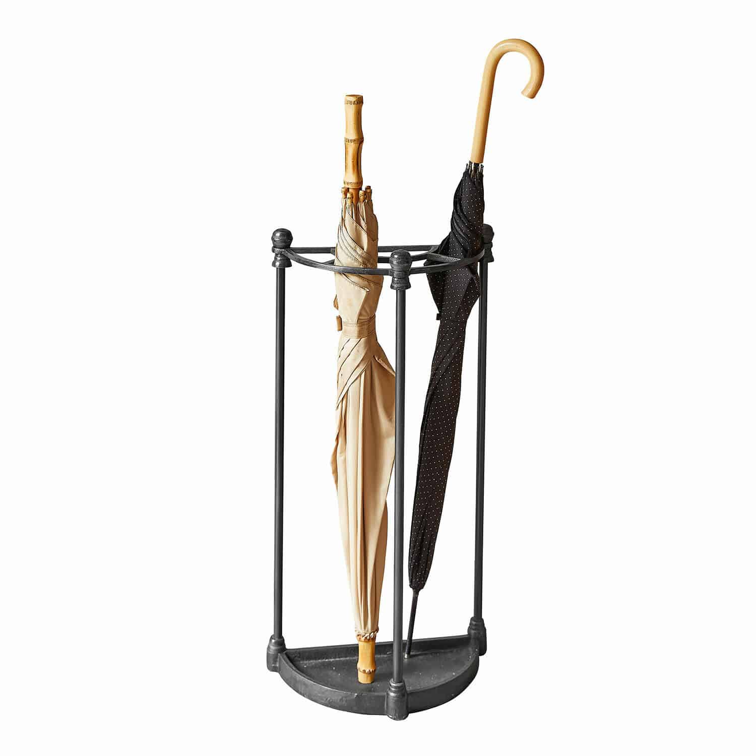 Porte-parapluie Scintillo Porte-parapluies en métal noir avec deux parapluies beige et noir aux poignées en bois