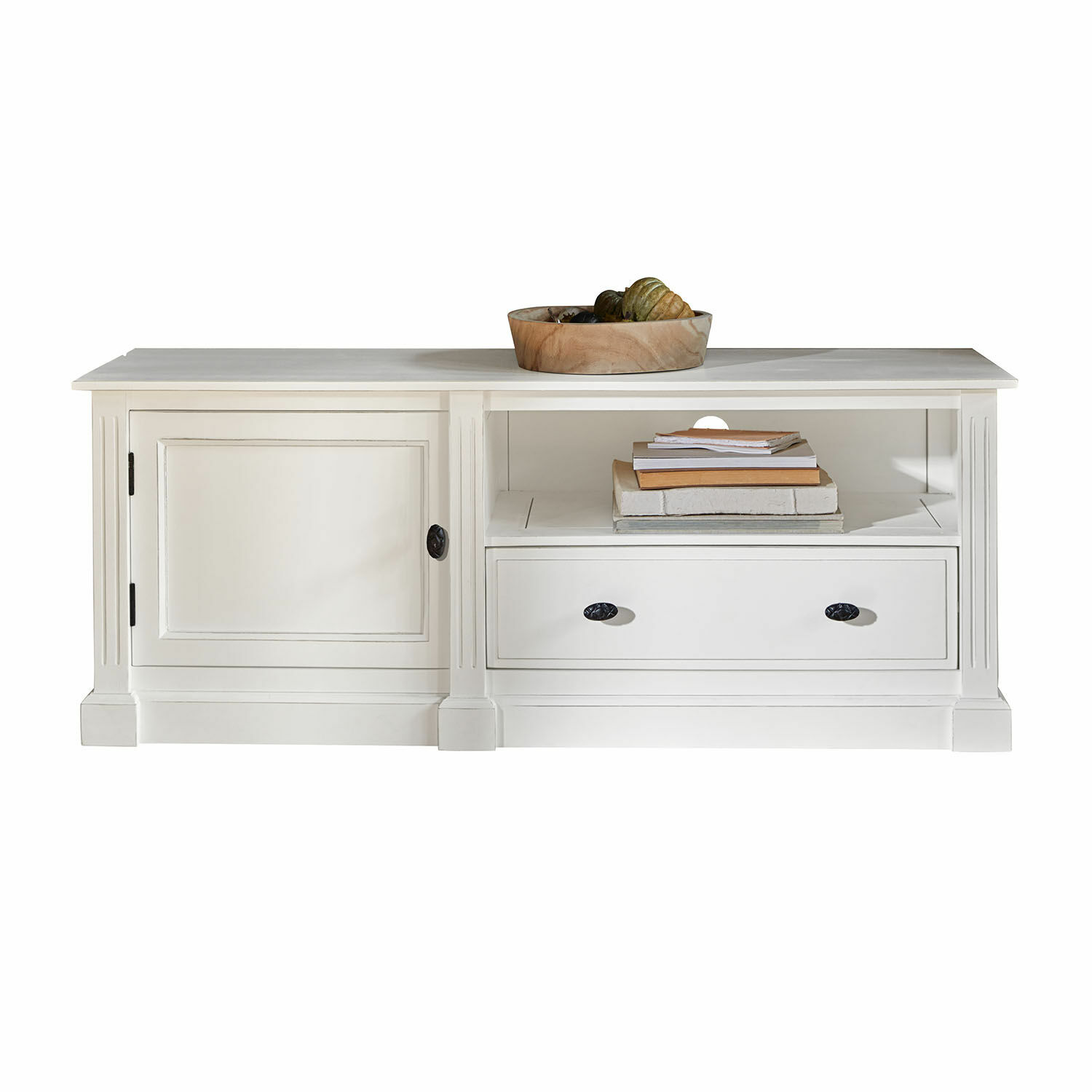 Buffet Lune Sauvage Table basse blanche en bois avec tiroir et étagère, bol décoratif et livres sur le dessus