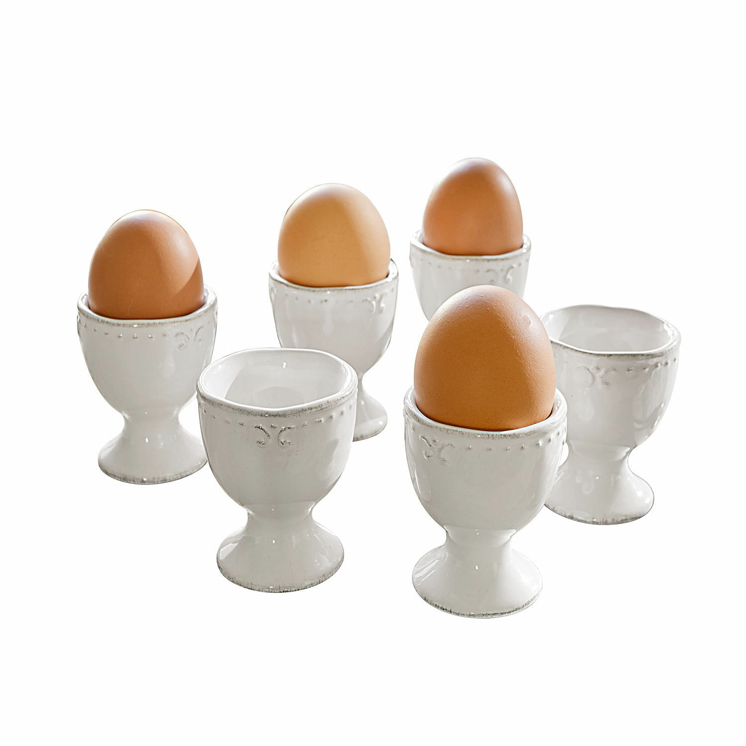 Lot de 6 coquetiers Fontienne Ensemble de coquetiers en céramique blanche avec œufs bruns, design classique pour cuisine